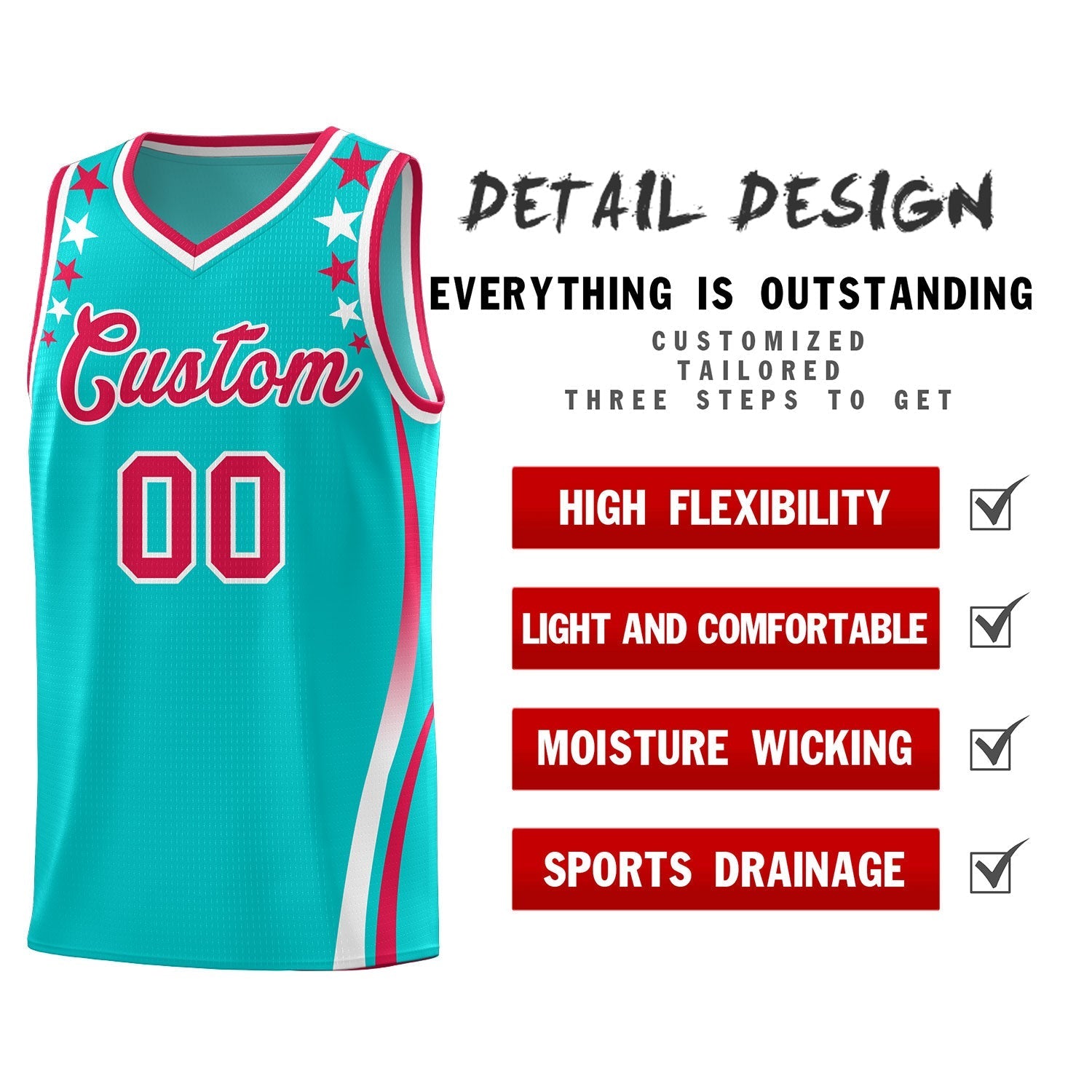 Custom Sky Blue Shoulders Star Pattern Side Color Block Sports Uniform Basketball Kits