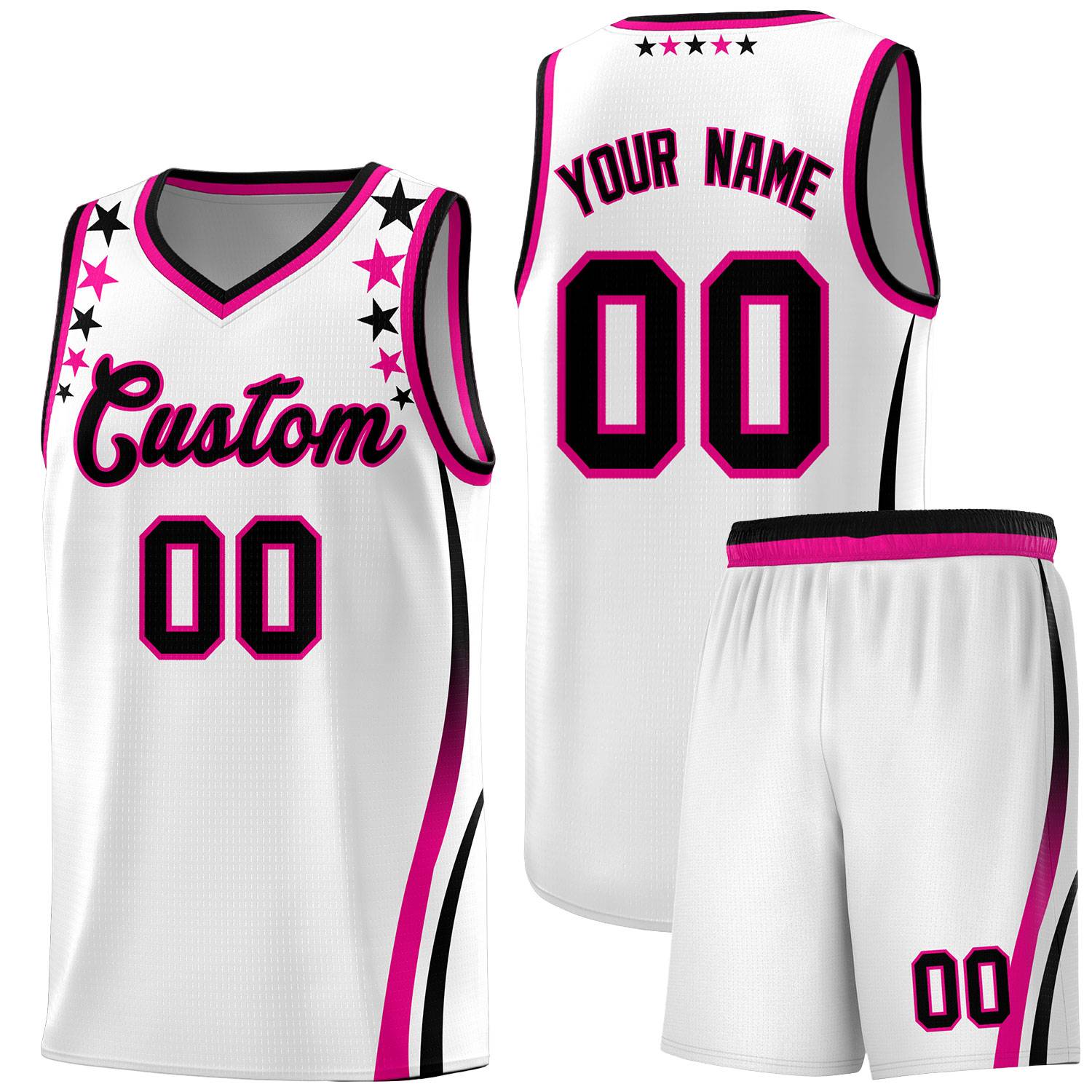 Custom White Shoulders Star Pattern Side Color Block Sports Uniform Basketball Kits
