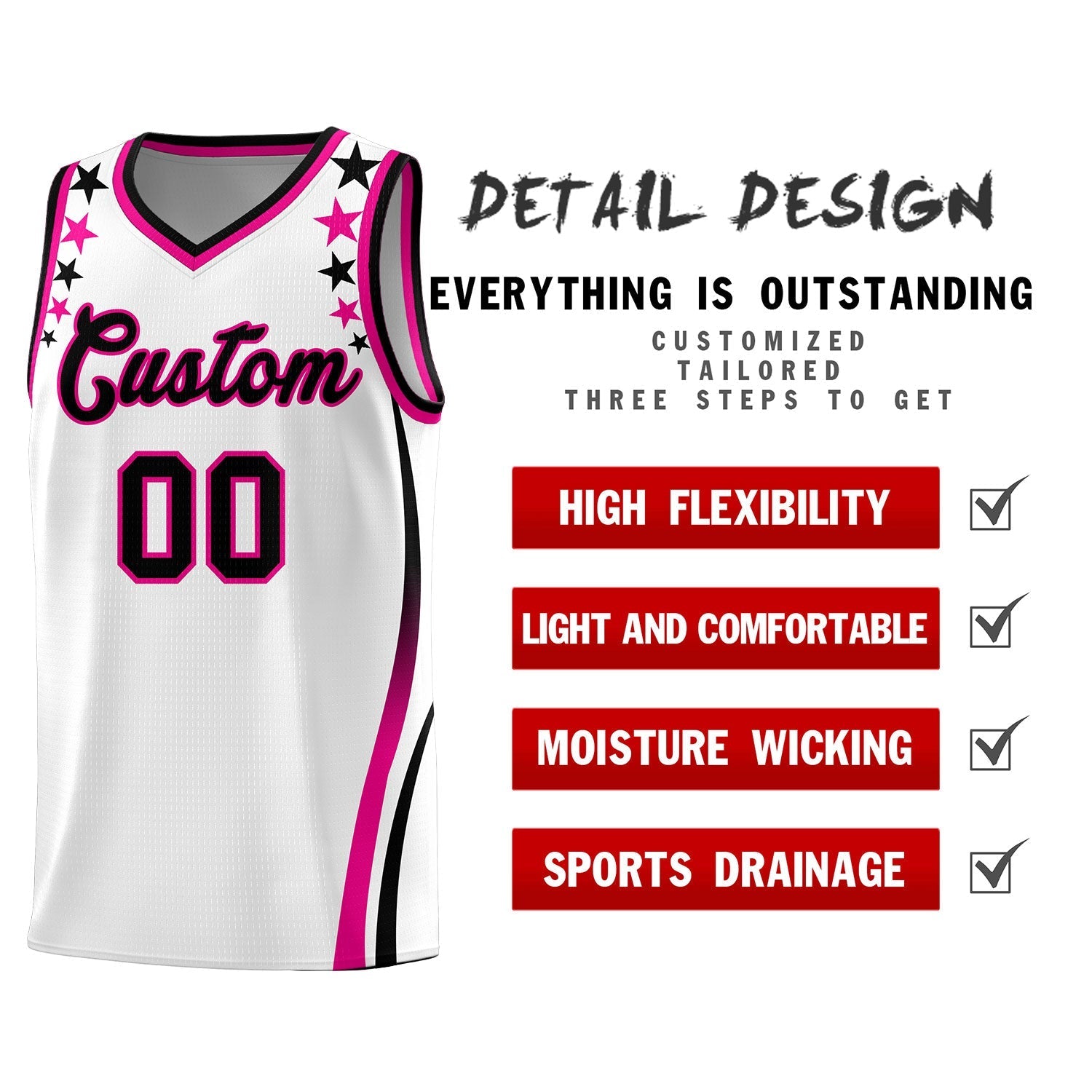 Custom White Shoulders Star Pattern Side Color Block Sports Uniform Basketball Kits