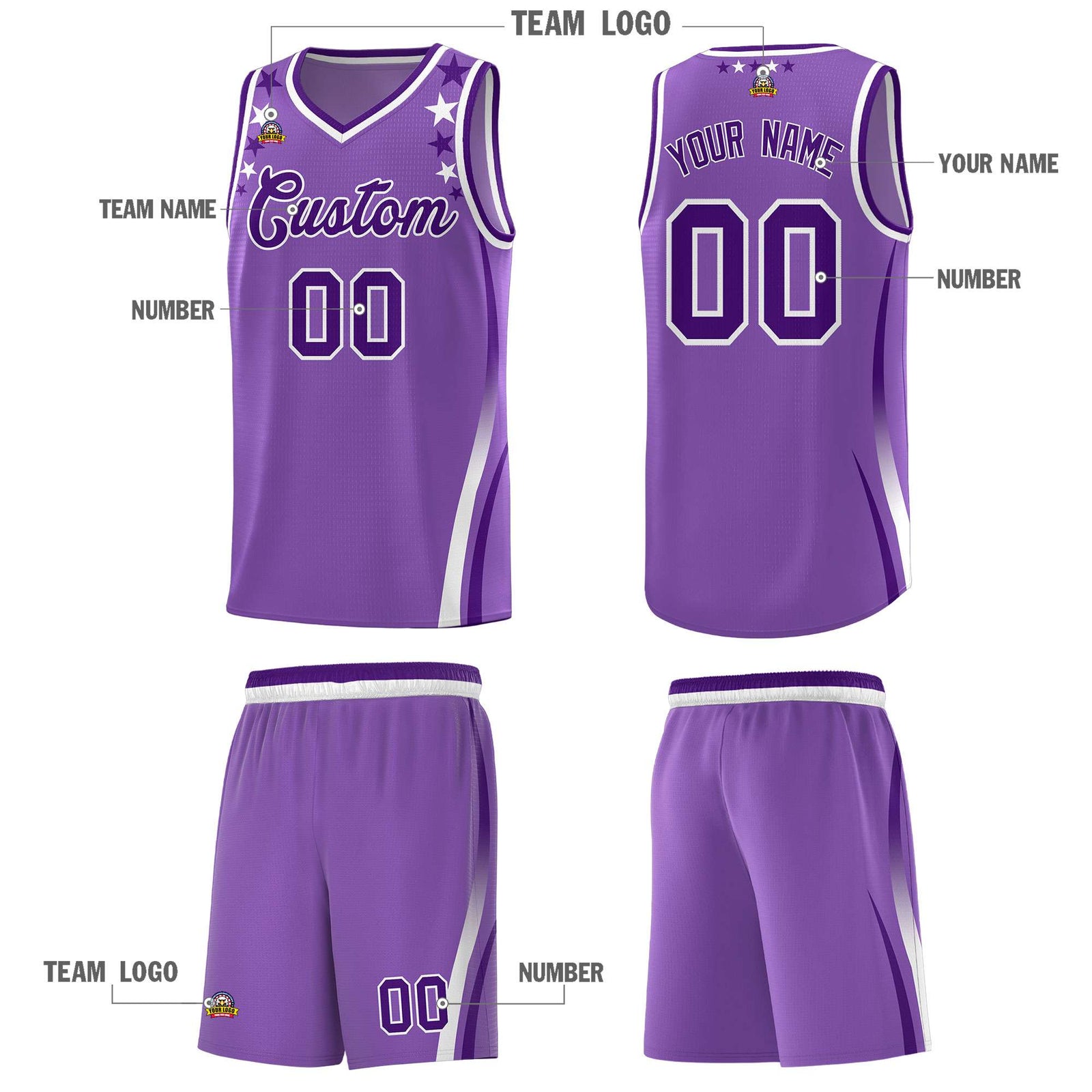 Custom Light Purple Shoulders Star Pattern Side Color Block Sports Uniform Basketball Kits