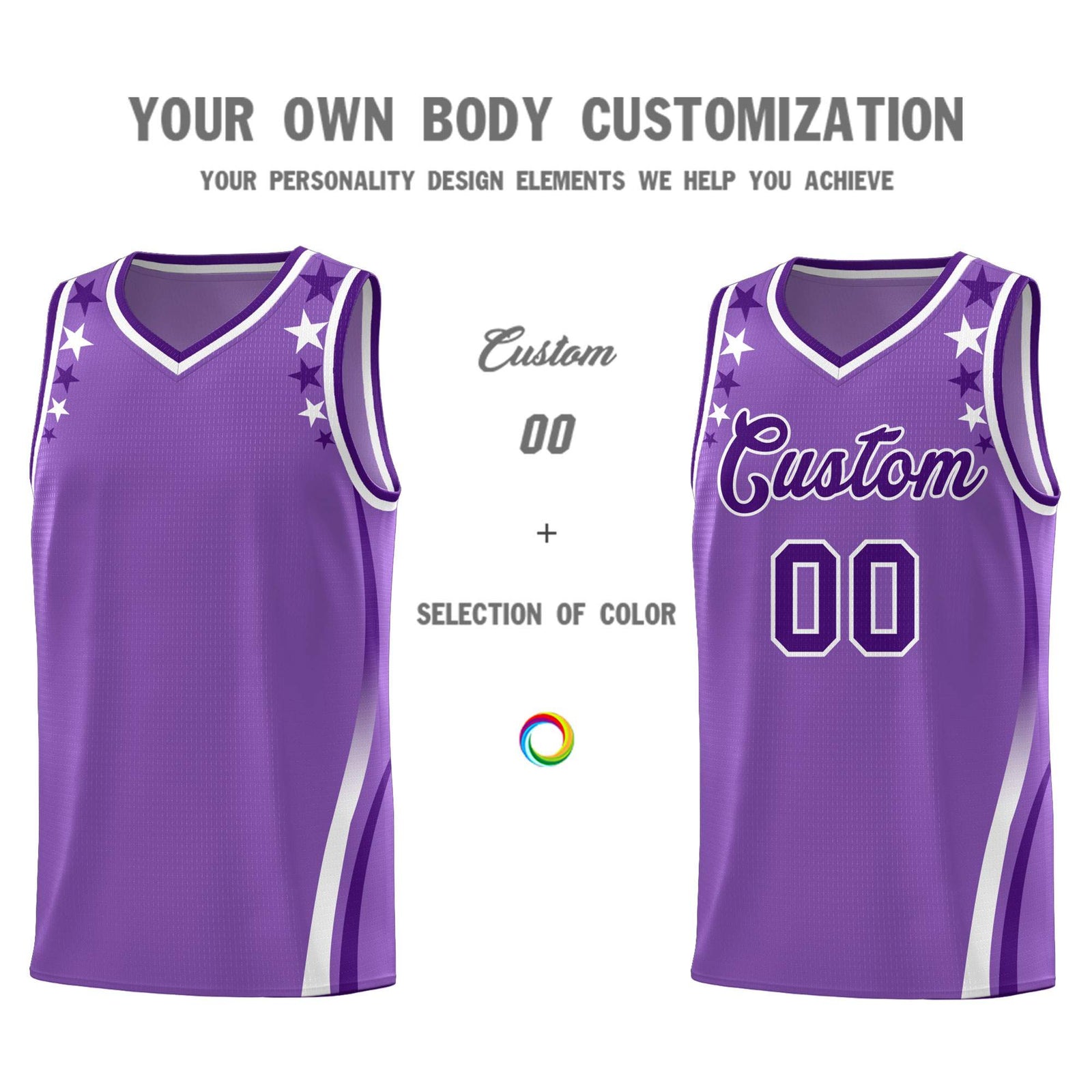 Custom Light Purple Shoulders Star Pattern Side Color Block Sports Uniform Basketball Kits