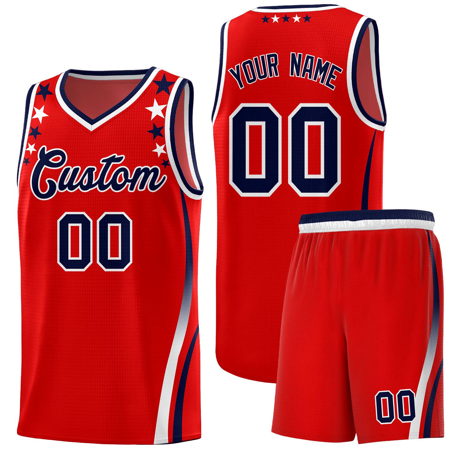 Custom Red Shoulders Star Pattern Side Color Block Sports Uniform Basketball Kits