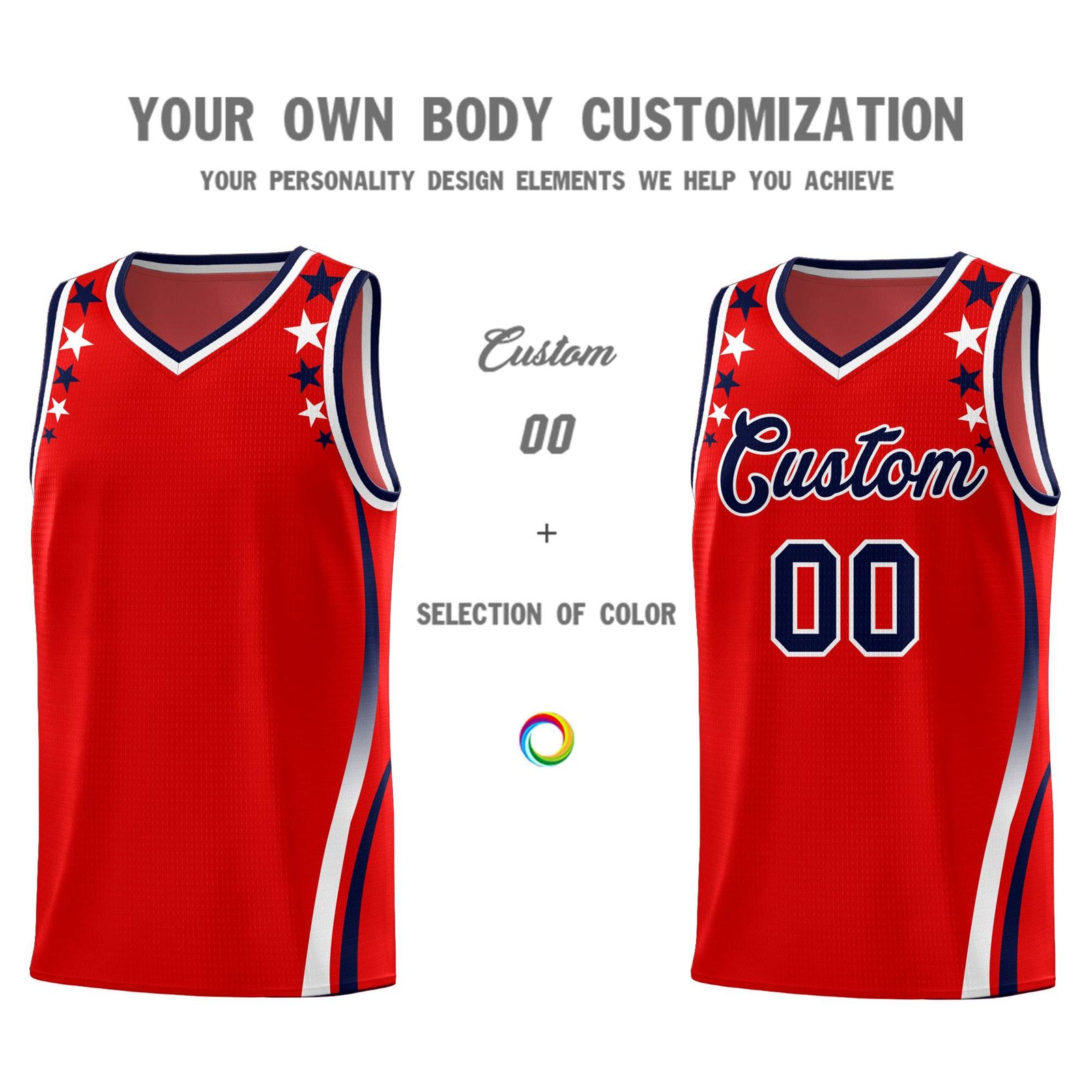 Custom Red Shoulders Star Pattern Side Color Block Sports Uniform Basketball Kits