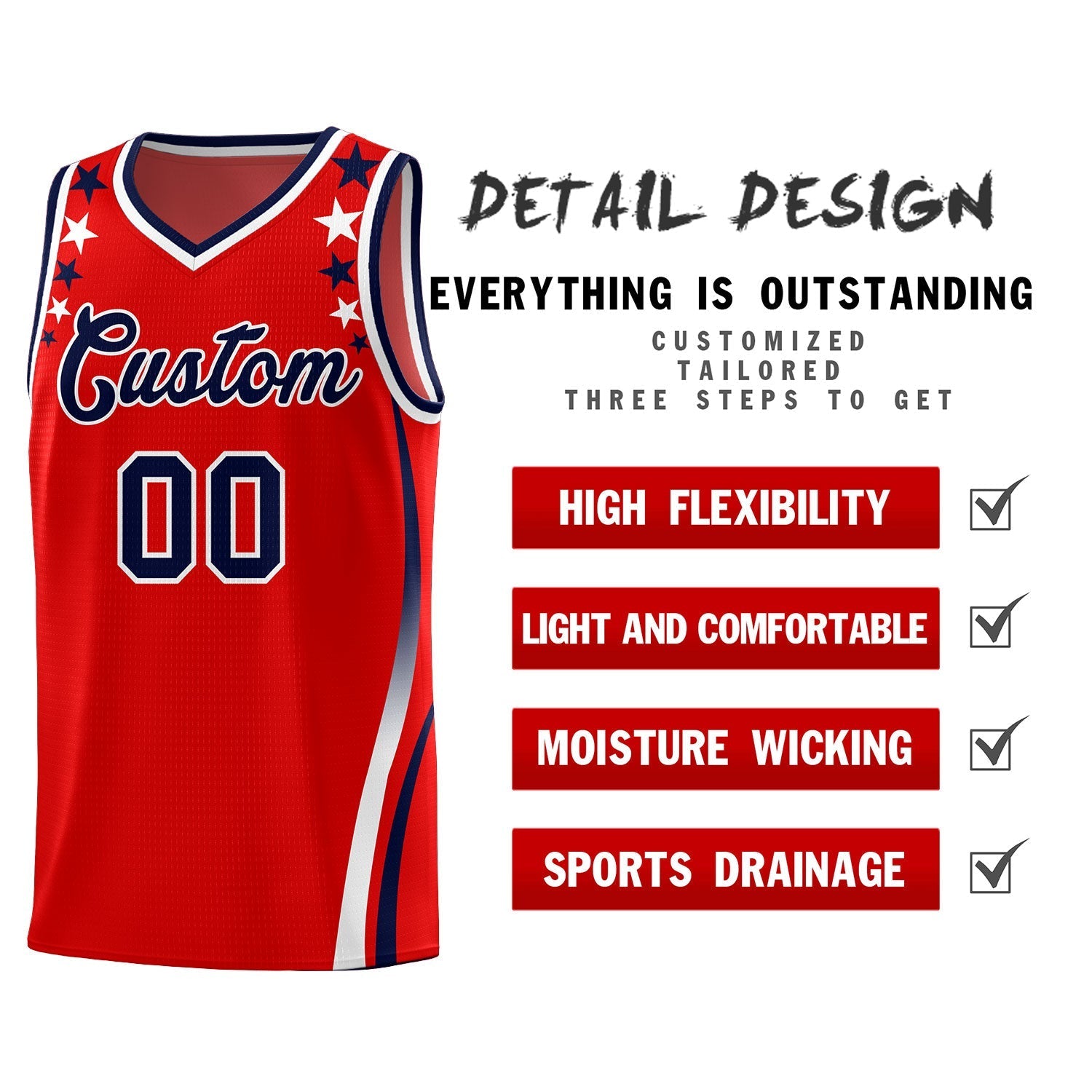 Custom Red Shoulders Star Pattern Side Color Block Sports Uniform Basketball Kits