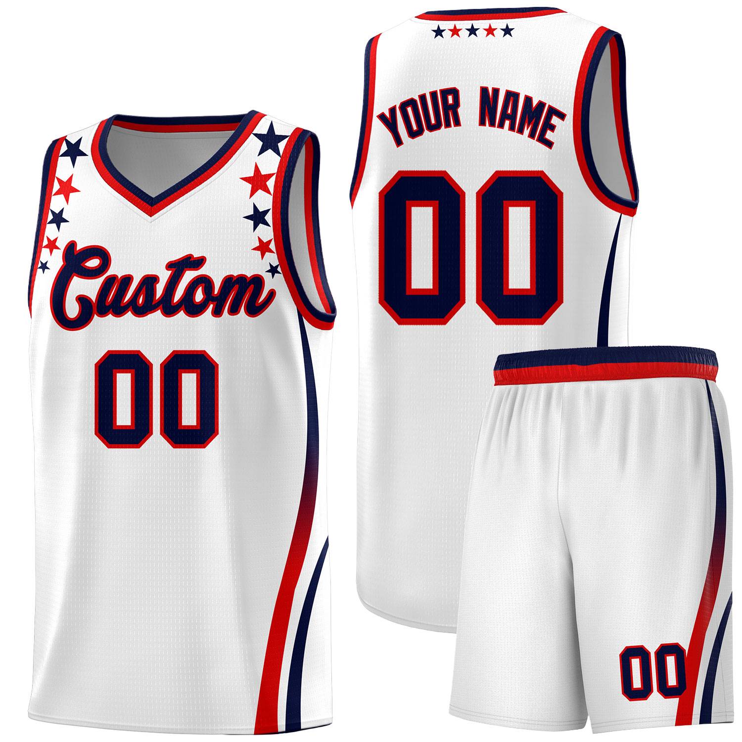 Custom White Shoulders Star Pattern Side Color Block Sports Uniform Basketball Kits