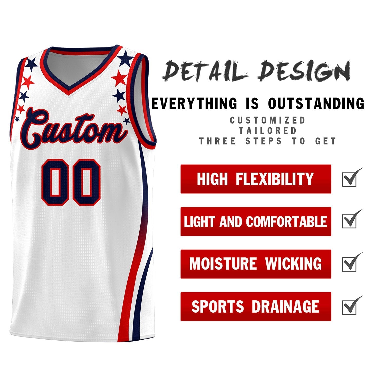 Custom White Shoulders Star Pattern Side Color Block Sports Uniform Basketball Kits