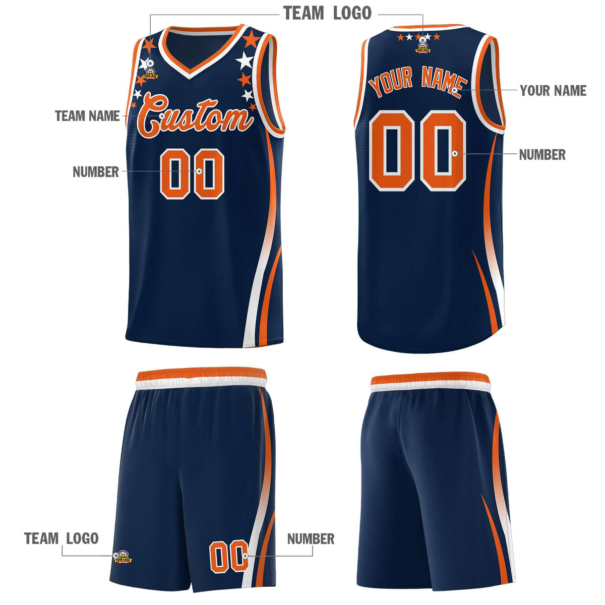 Custom Navy Shoulders Star Pattern Side Color Block Sports Uniform Basketball Kits
