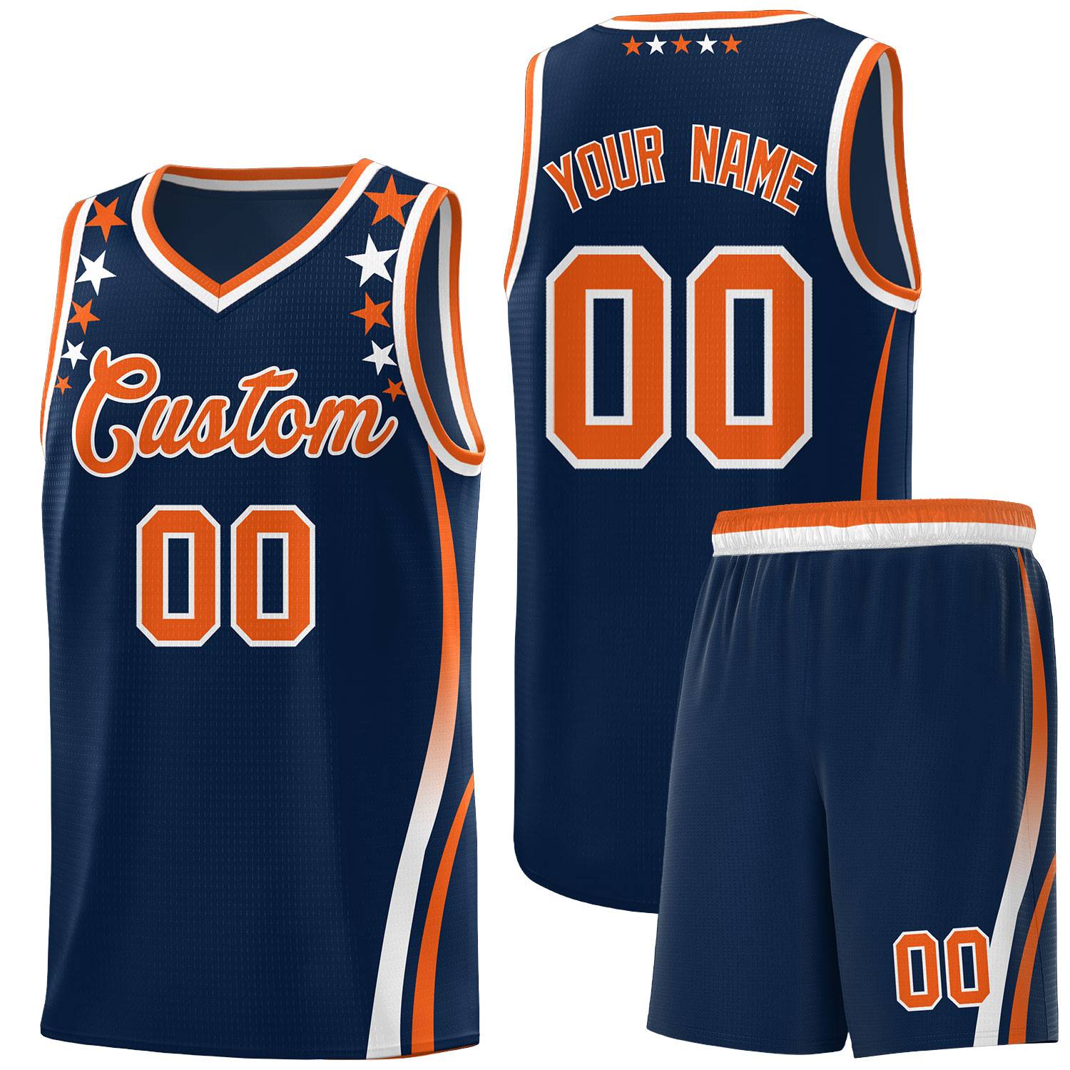 Custom Navy Shoulders Star Pattern Side Color Block Sports Uniform Basketball Kits