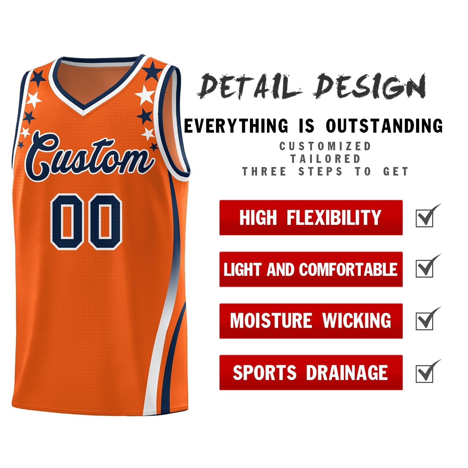 Custom Orange Shoulders Star Pattern Side Color Block Sports Uniform Basketball Kits