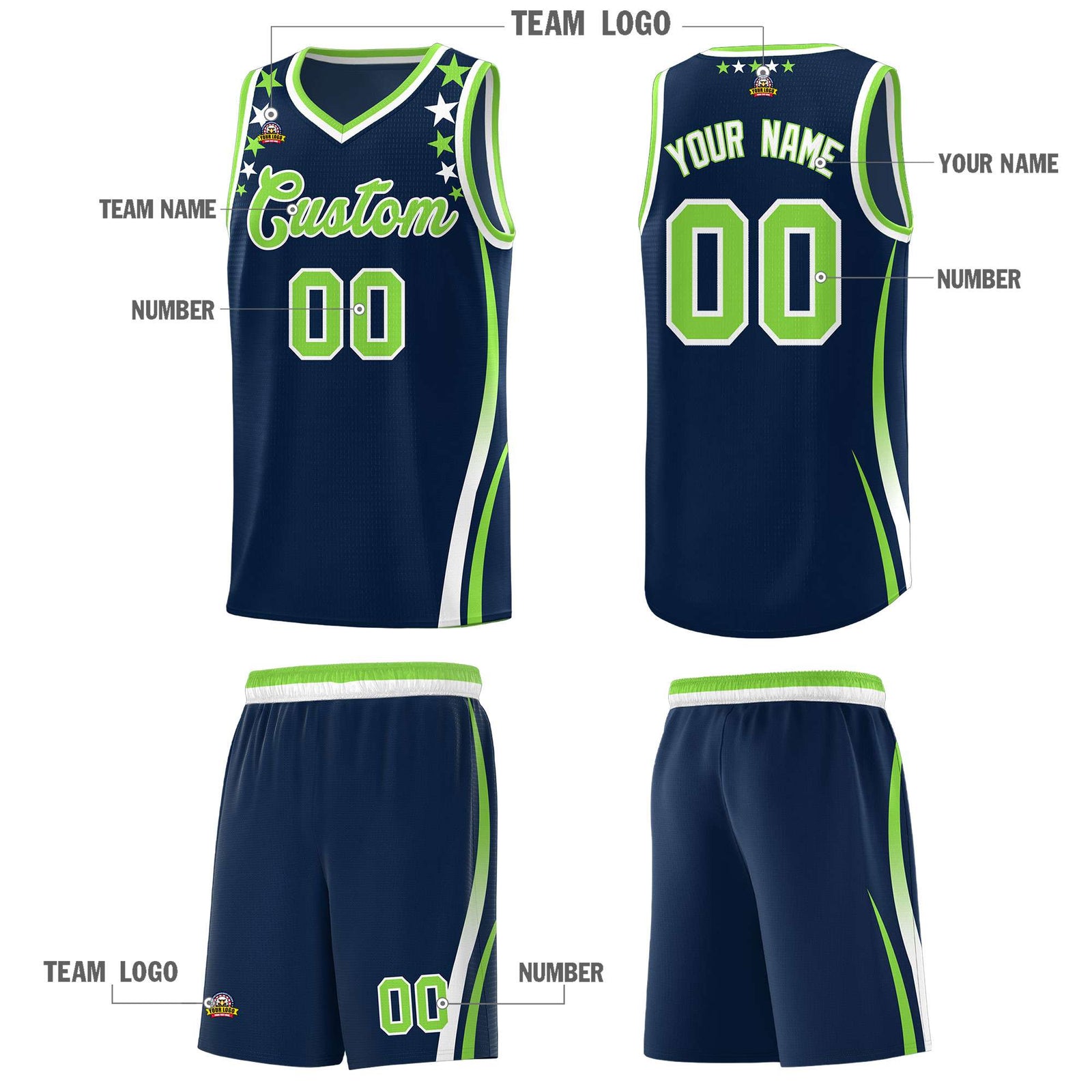 Custom Navy Shoulders Star Pattern Side Color Block Sports Uniform Basketball Kits