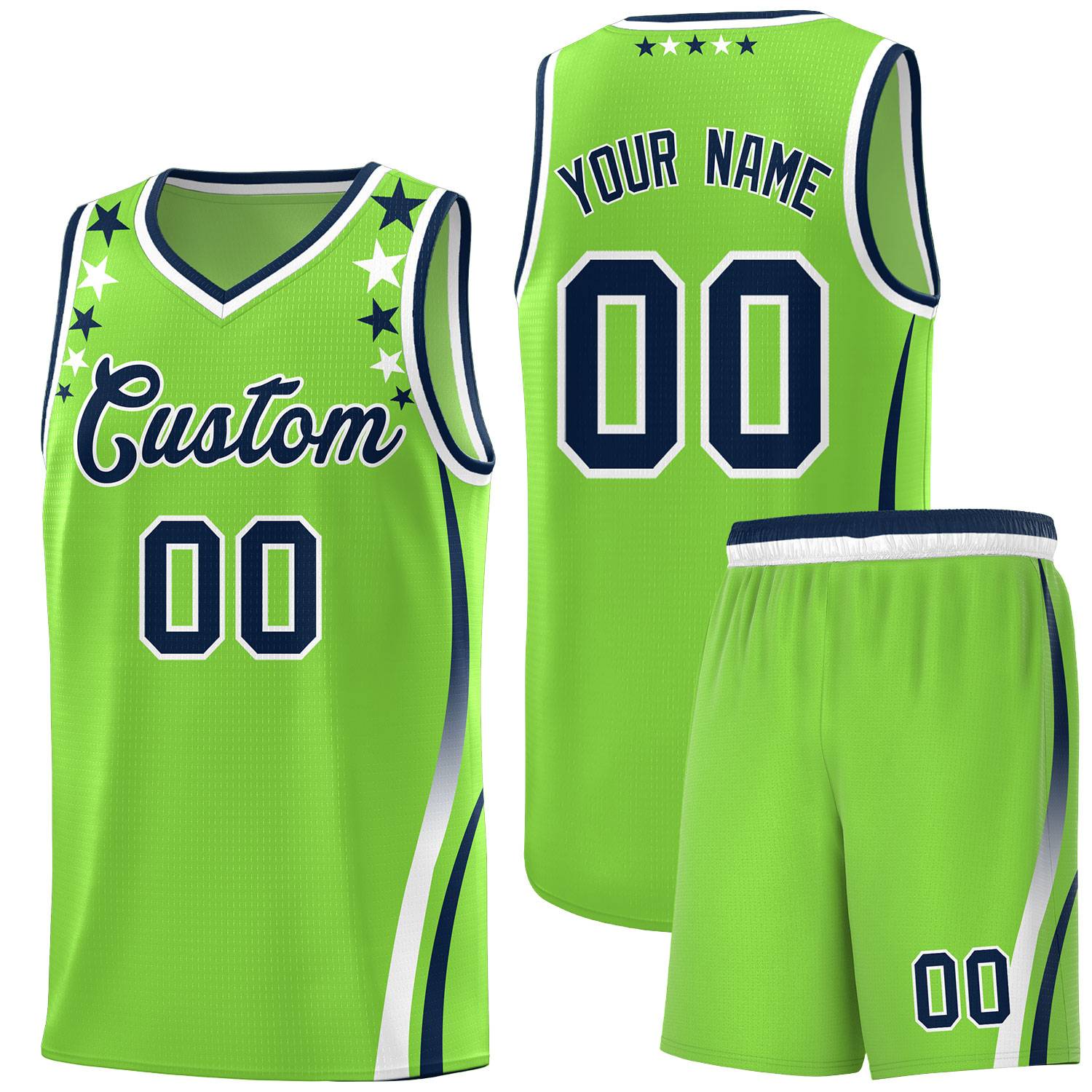 Custom Neon Green Shoulders Star Pattern Side Color Block Sports Uniform Basketball Kits