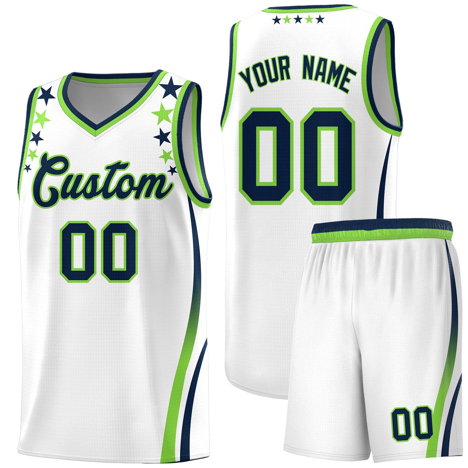 Custom White Shoulders Star Pattern Side Color Block Sports Uniform Basketball Kits