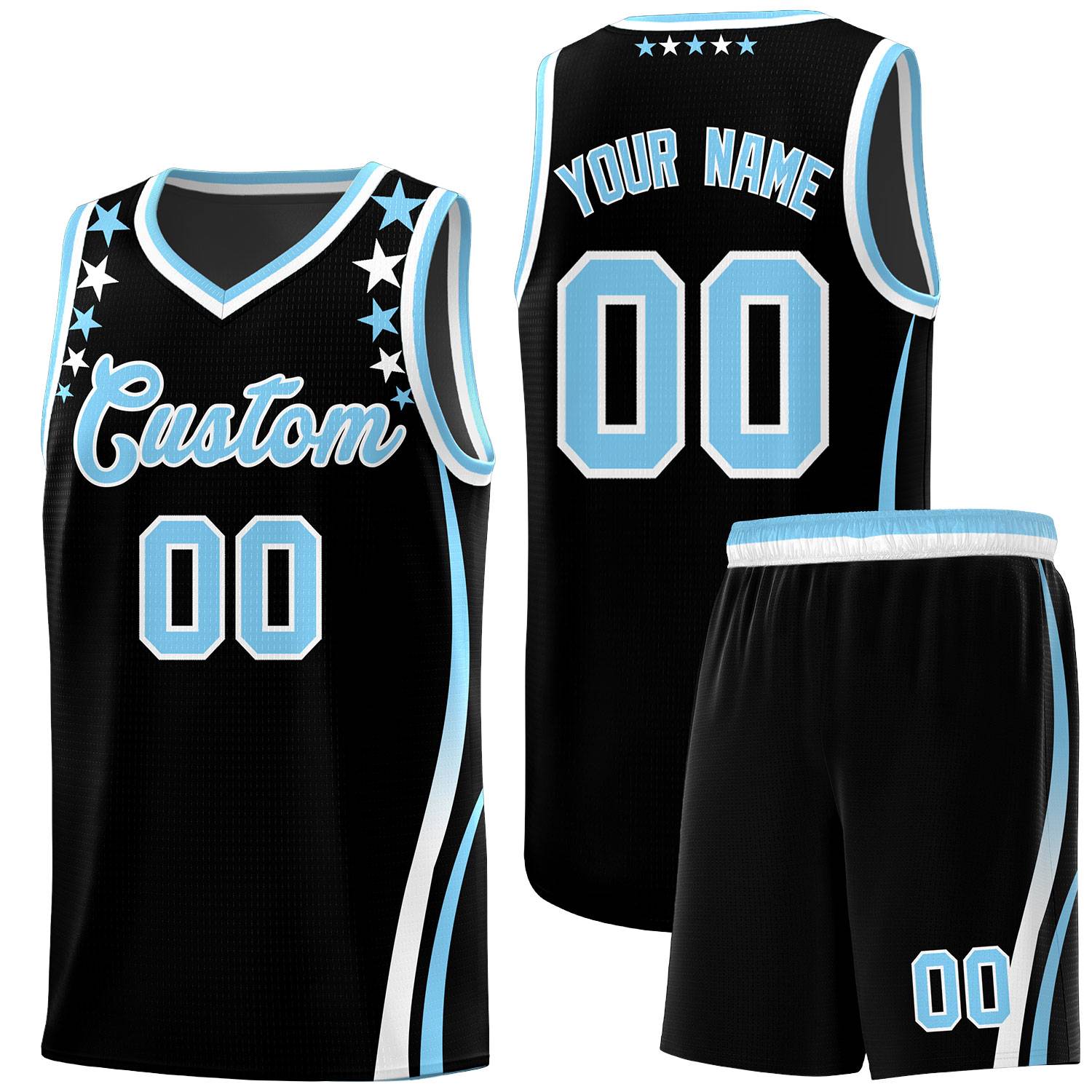 Custom Black Shoulders Star Pattern Side Color Block Sports Uniform Basketball Kits