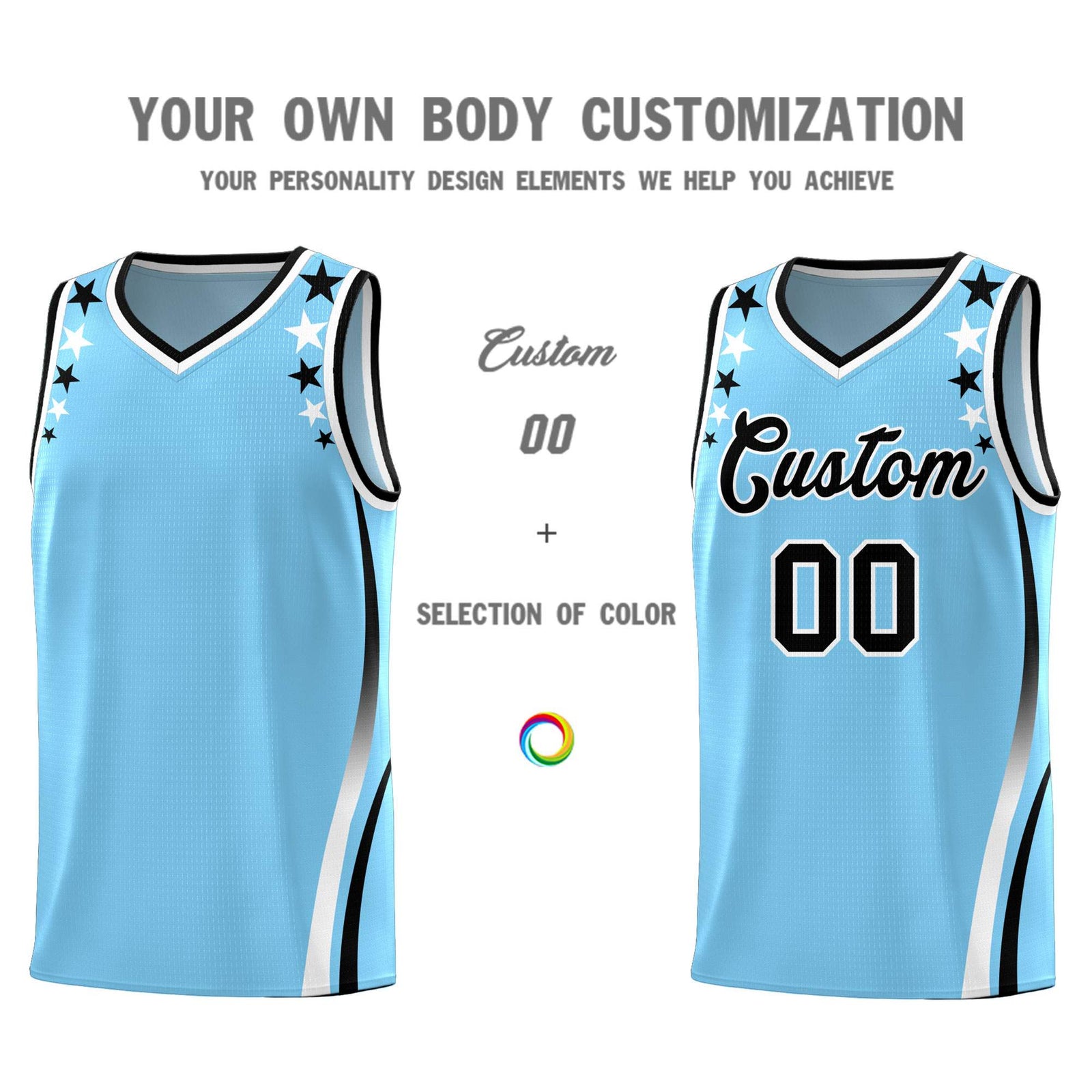 Custom Light Blue Shoulders Star Pattern Side Color Block Sports Uniform Basketball Kits