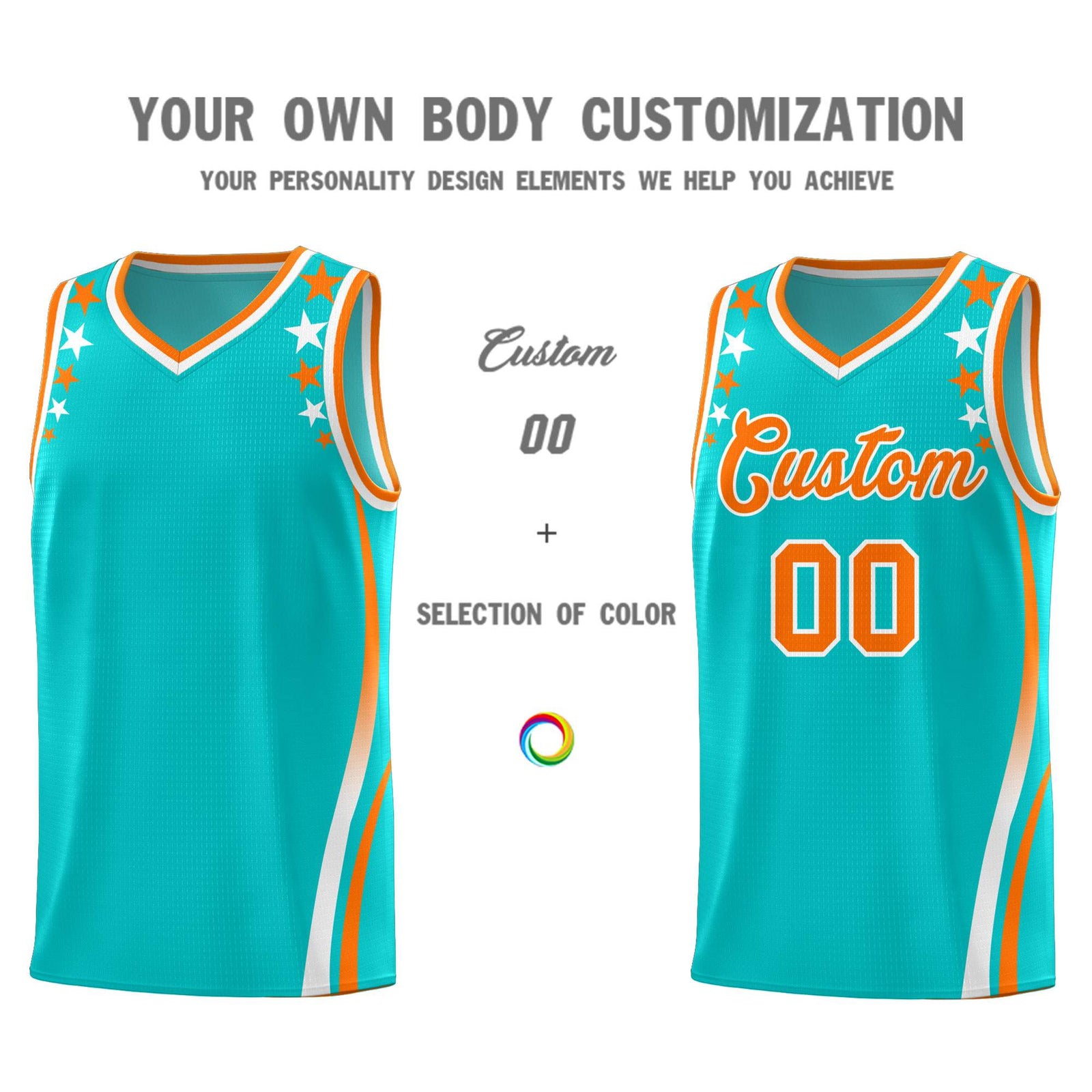 Custom Sky Blue Shoulders Star Pattern Side Color Block Sports Uniform Basketball Kits