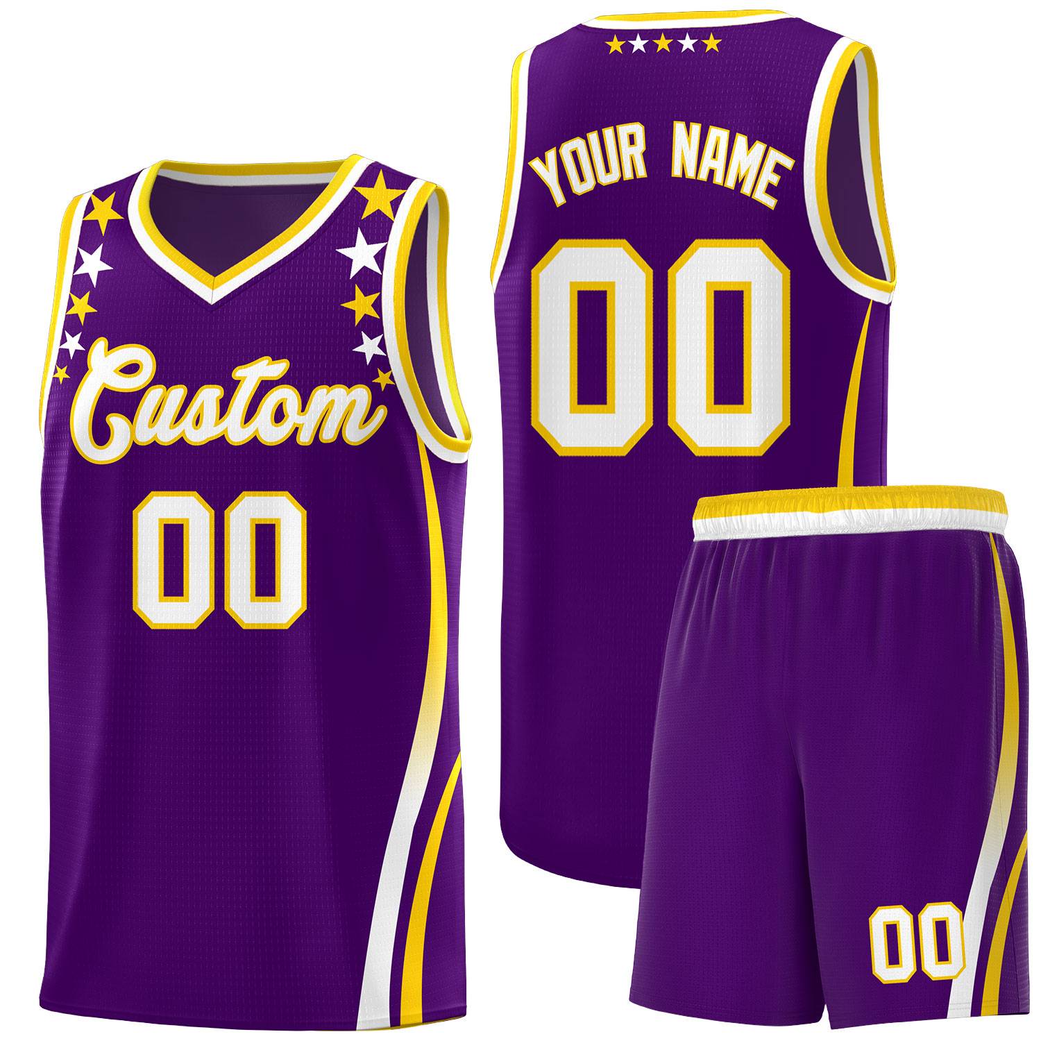 Custom Purple Shoulders Star Pattern Side Color Block Sports Uniform Basketball Kits