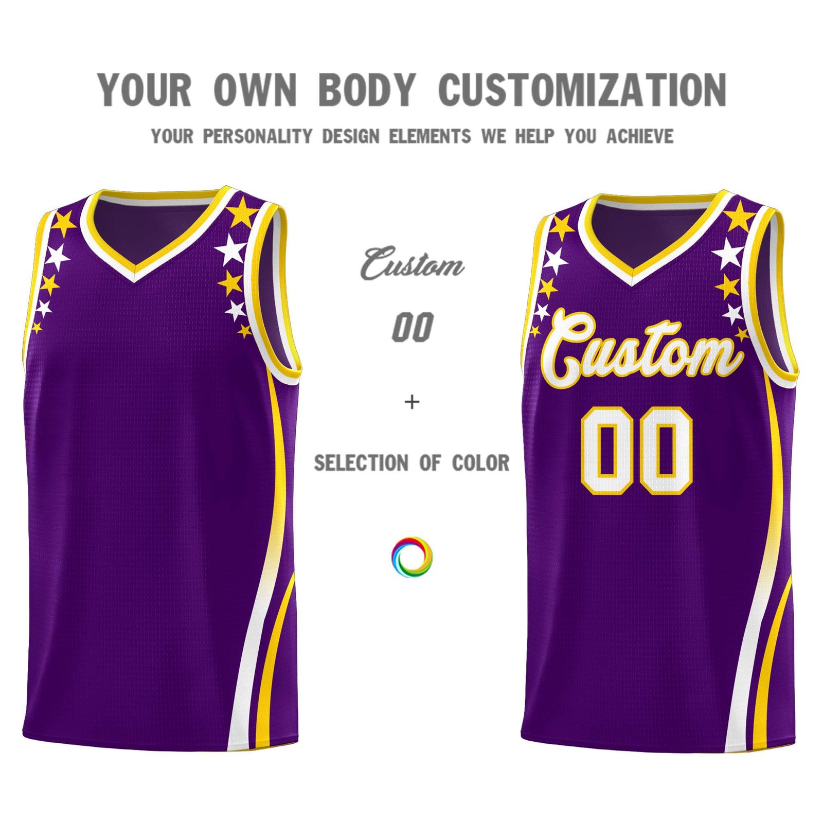 Custom Purple Shoulders Star Pattern Side Color Block Sports Uniform Basketball Kits