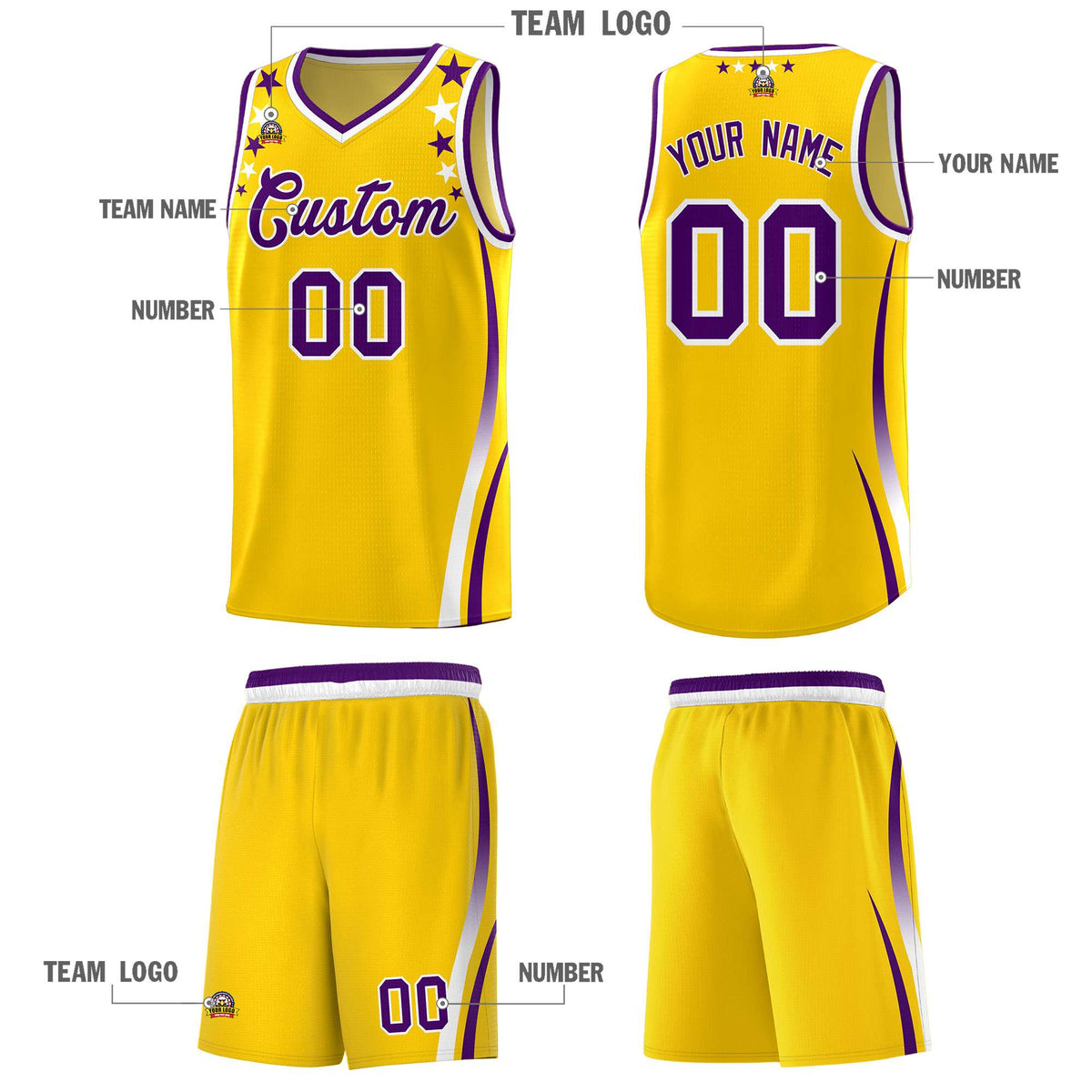 Custom Gold Shoulders Star Pattern Side Color Block Sports Uniform Basketball Kits