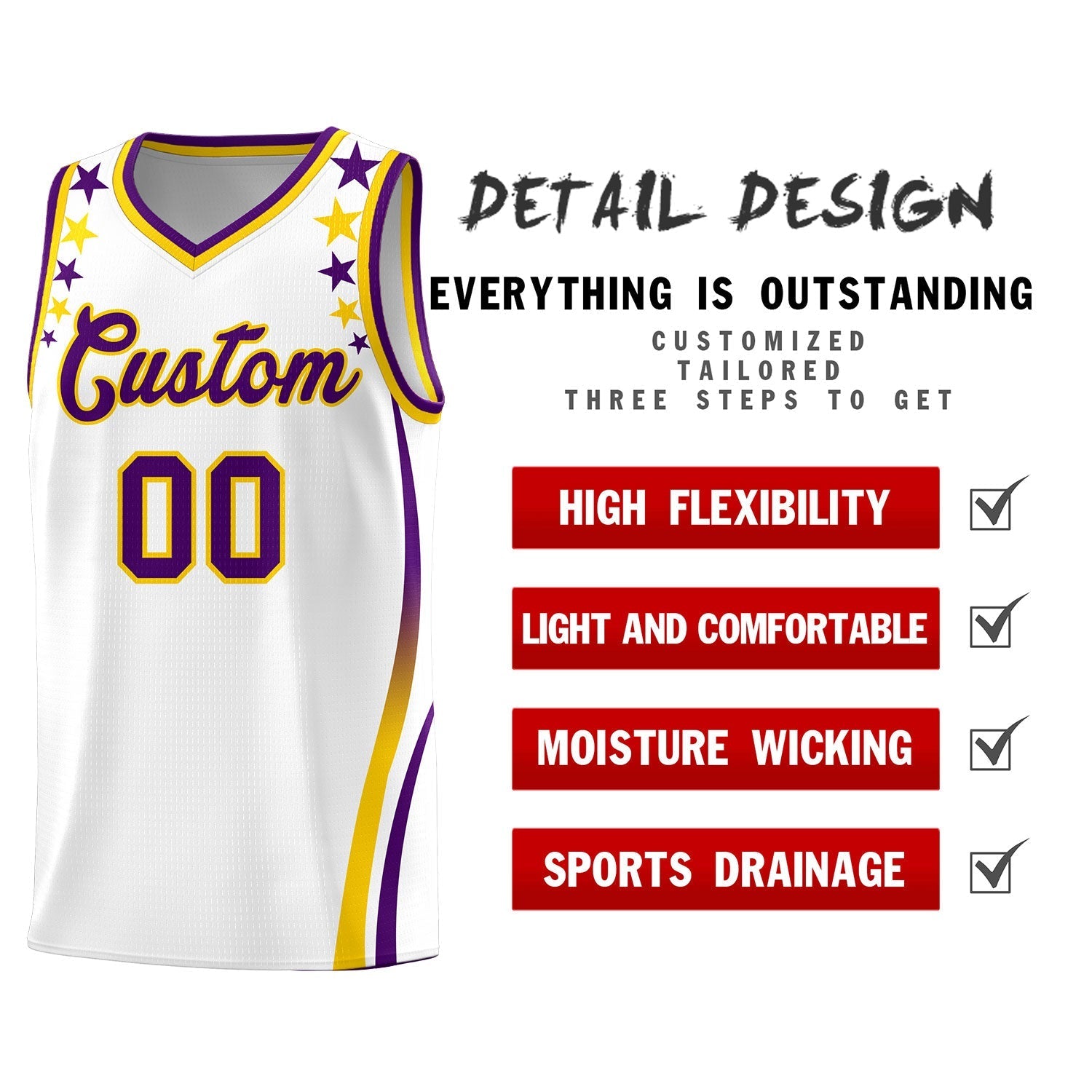 Custom White Shoulders Star Pattern Side Color Block Sports Uniform Basketball Kits
