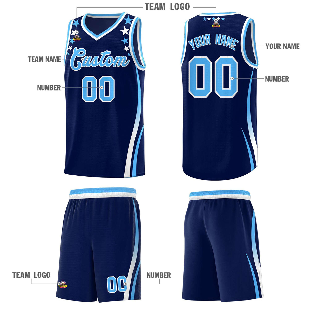 Custom Navy Shoulders Star Pattern Side Color Block Sports Uniform Basketball Kits