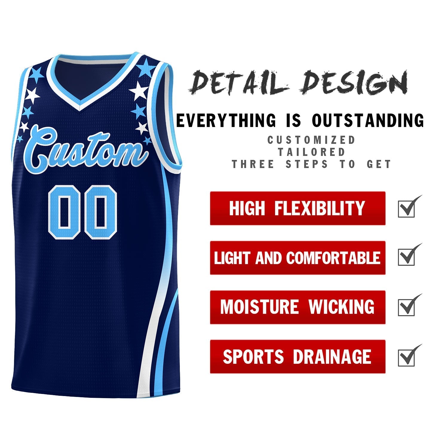 Custom Navy Shoulders Star Pattern Side Color Block Sports Uniform Basketball Kits