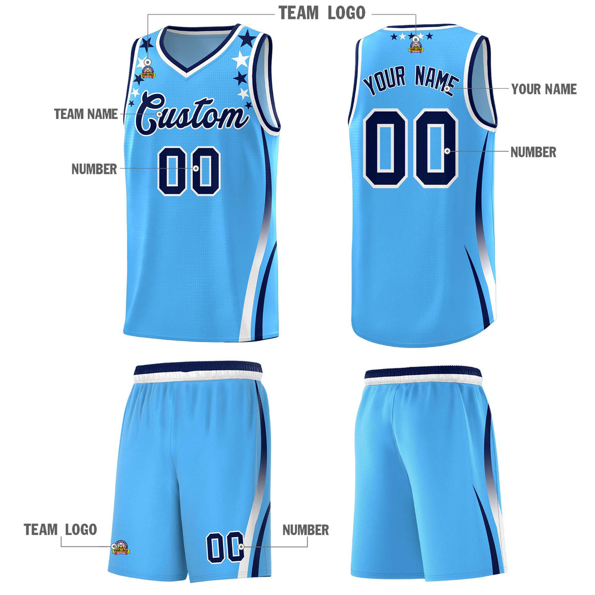 Custom Light Blue Shoulders Star Pattern Side Color Block Sports Uniform Basketball Kits