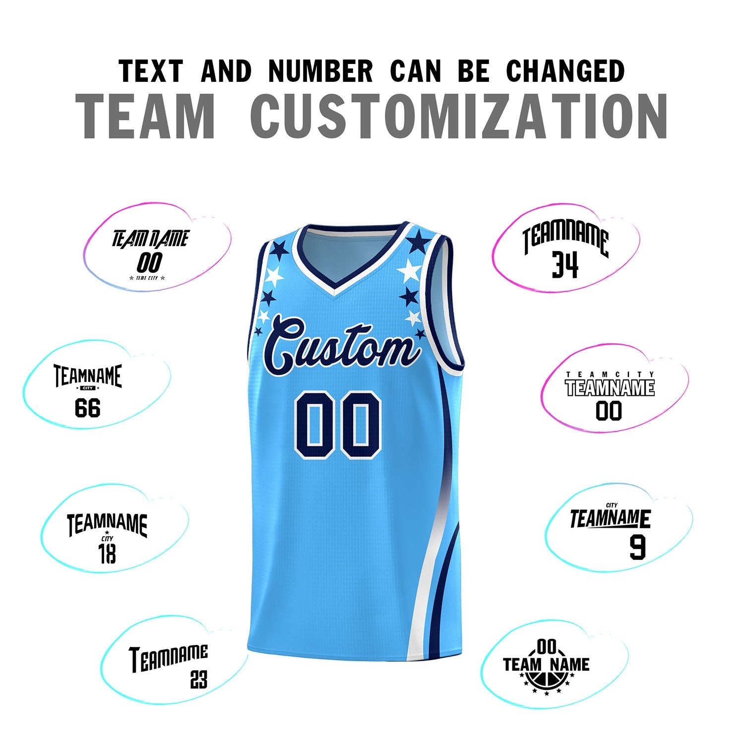 Custom Light Blue Shoulders Star Pattern Side Color Block Sports Uniform Basketball Kits