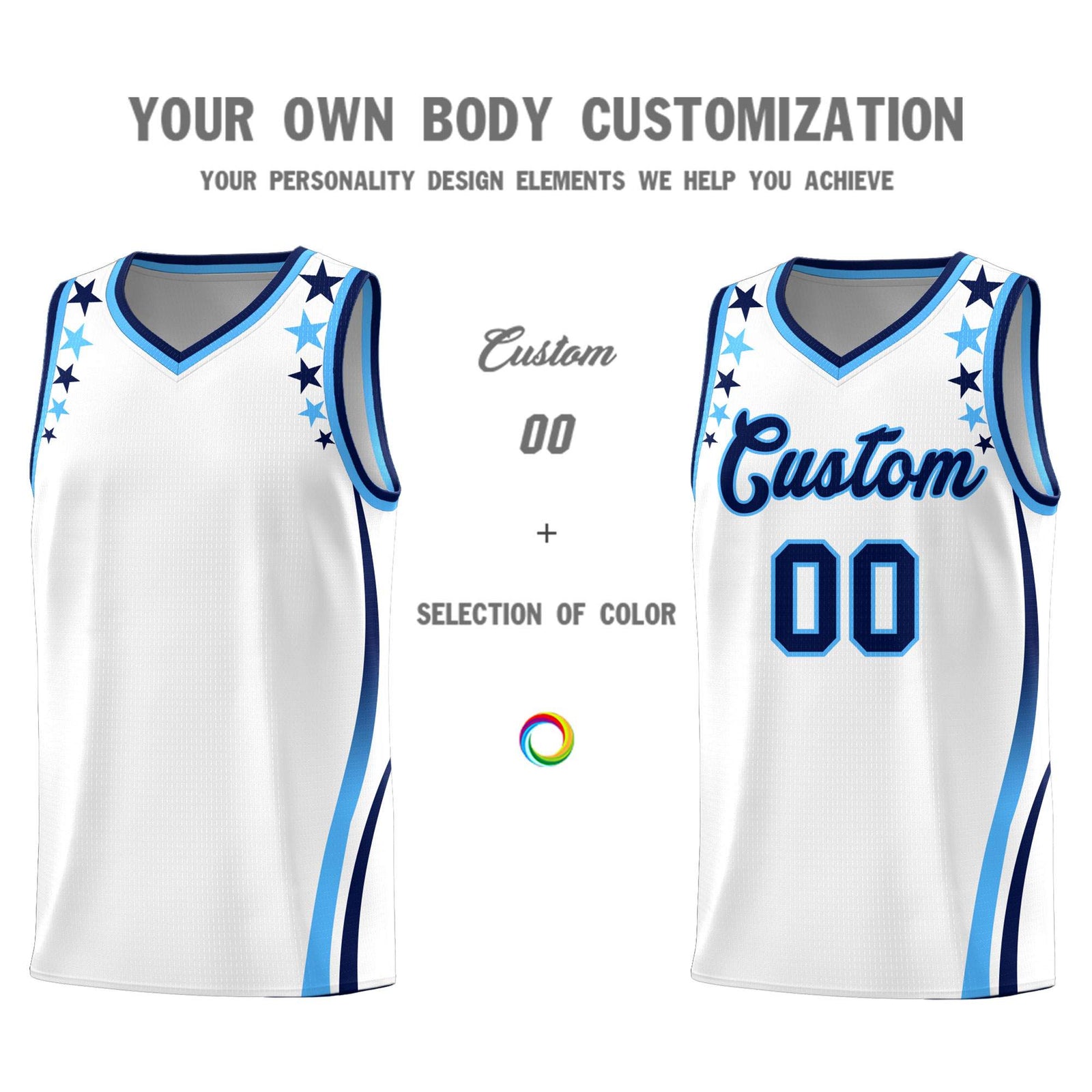 Custom White Shoulders Star Pattern Side Color Block Sports Uniform Basketball Kits