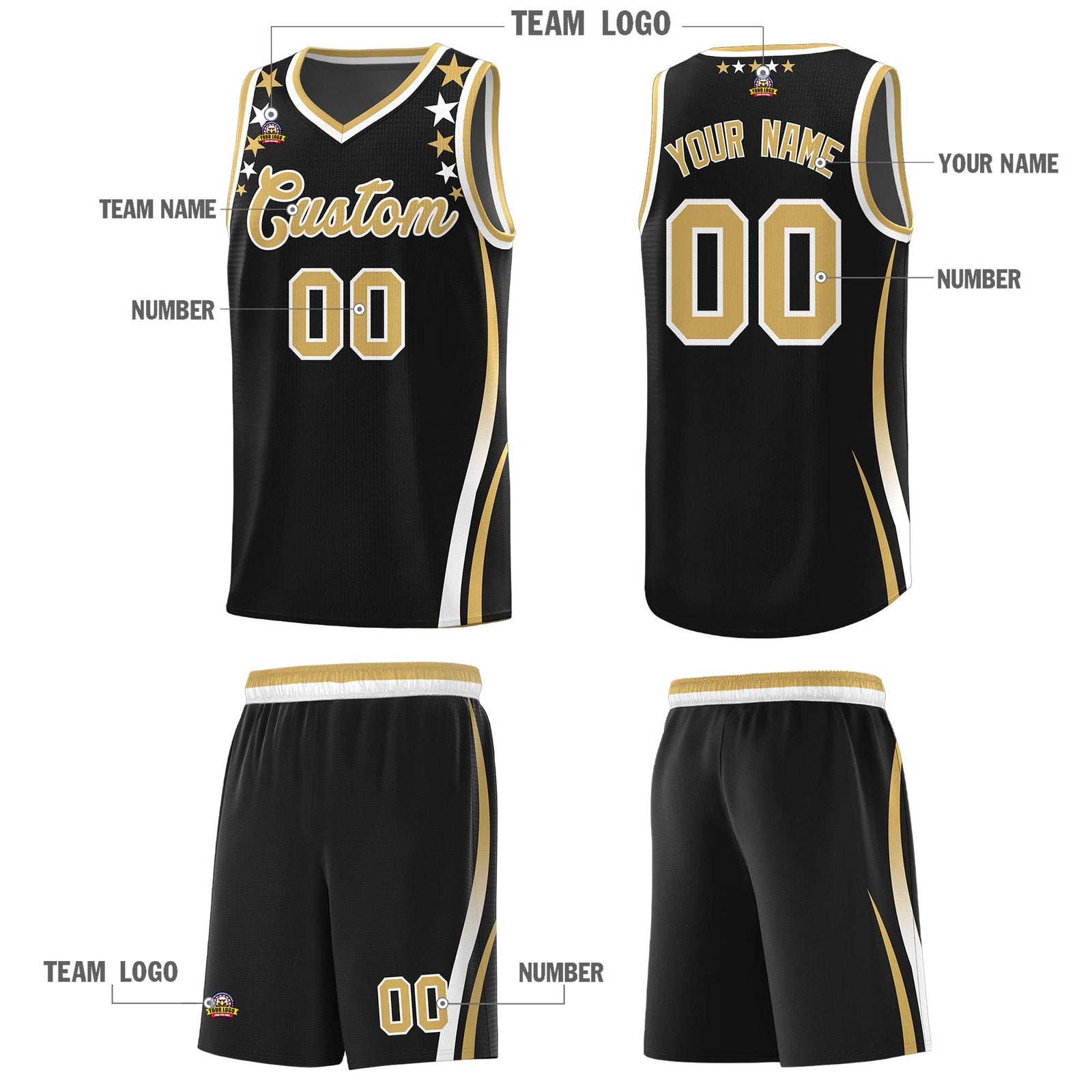 Custom Black Shoulders Star Pattern Side Color Block Sports Uniform Basketball Kits
