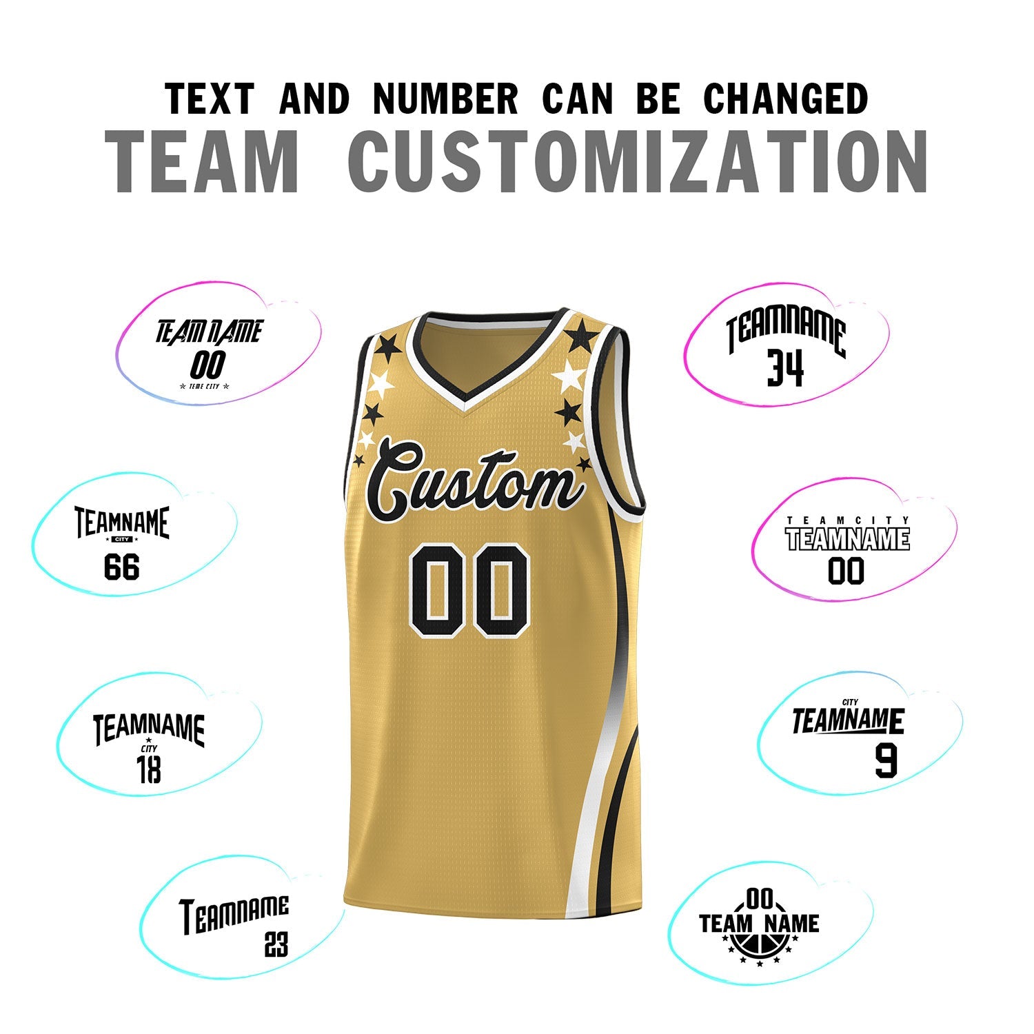 Custom Old Gold Shoulders Star Pattern Side Color Block Sports Uniform Basketball Kits