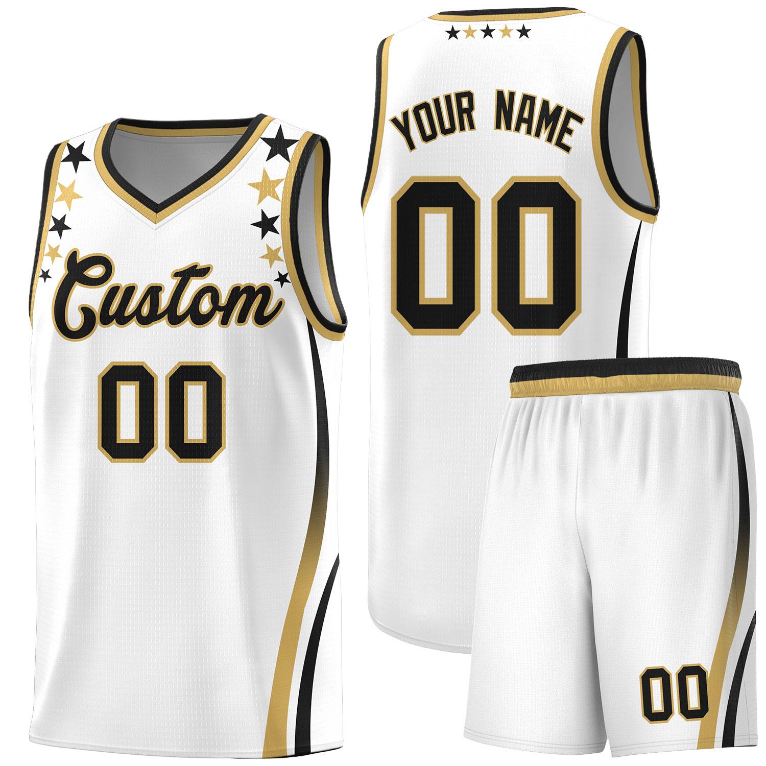 Custom White Shoulders Star Pattern Side Color Block Sports Uniform Basketball Kits