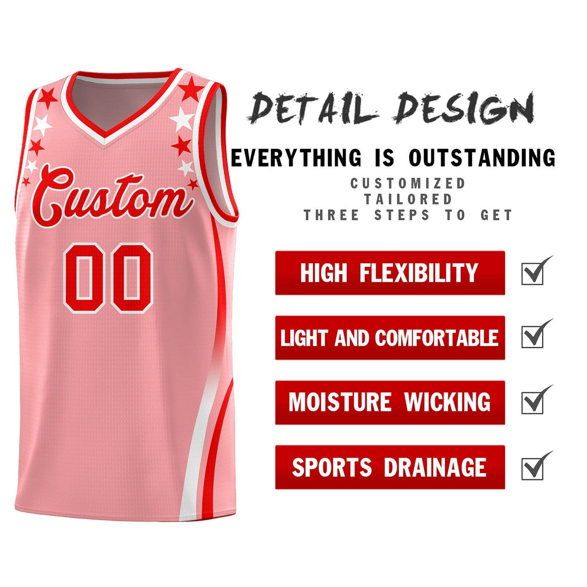 Custom Pink Shoulders Star Pattern Side Color Block Sports Uniform Basketball Kits