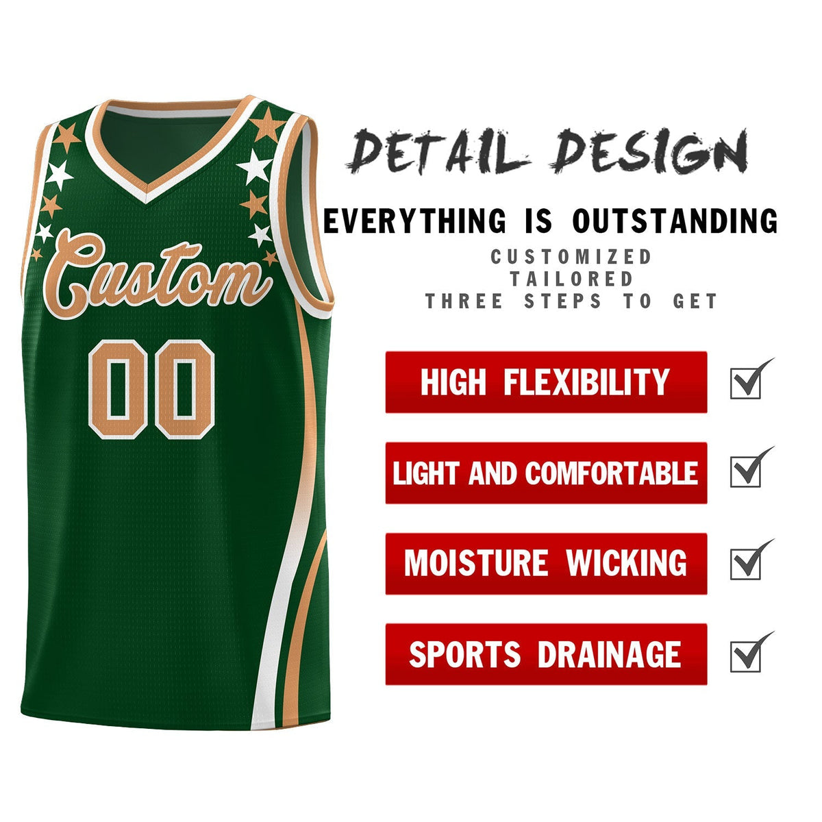 Custom Green Shoulders Star Pattern Side Color Block Sports Uniform Basketball Kits