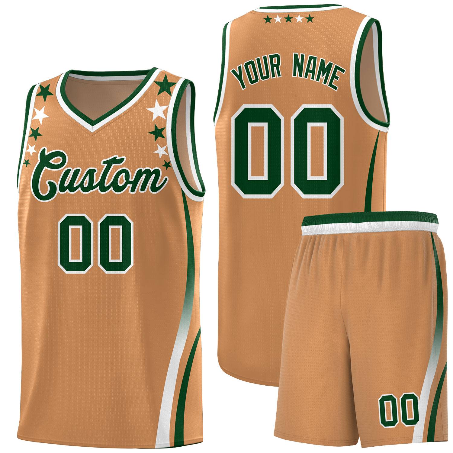 Custom Light Brown Shoulders Star Pattern Side Color Block Sports Uniform Basketball Kits