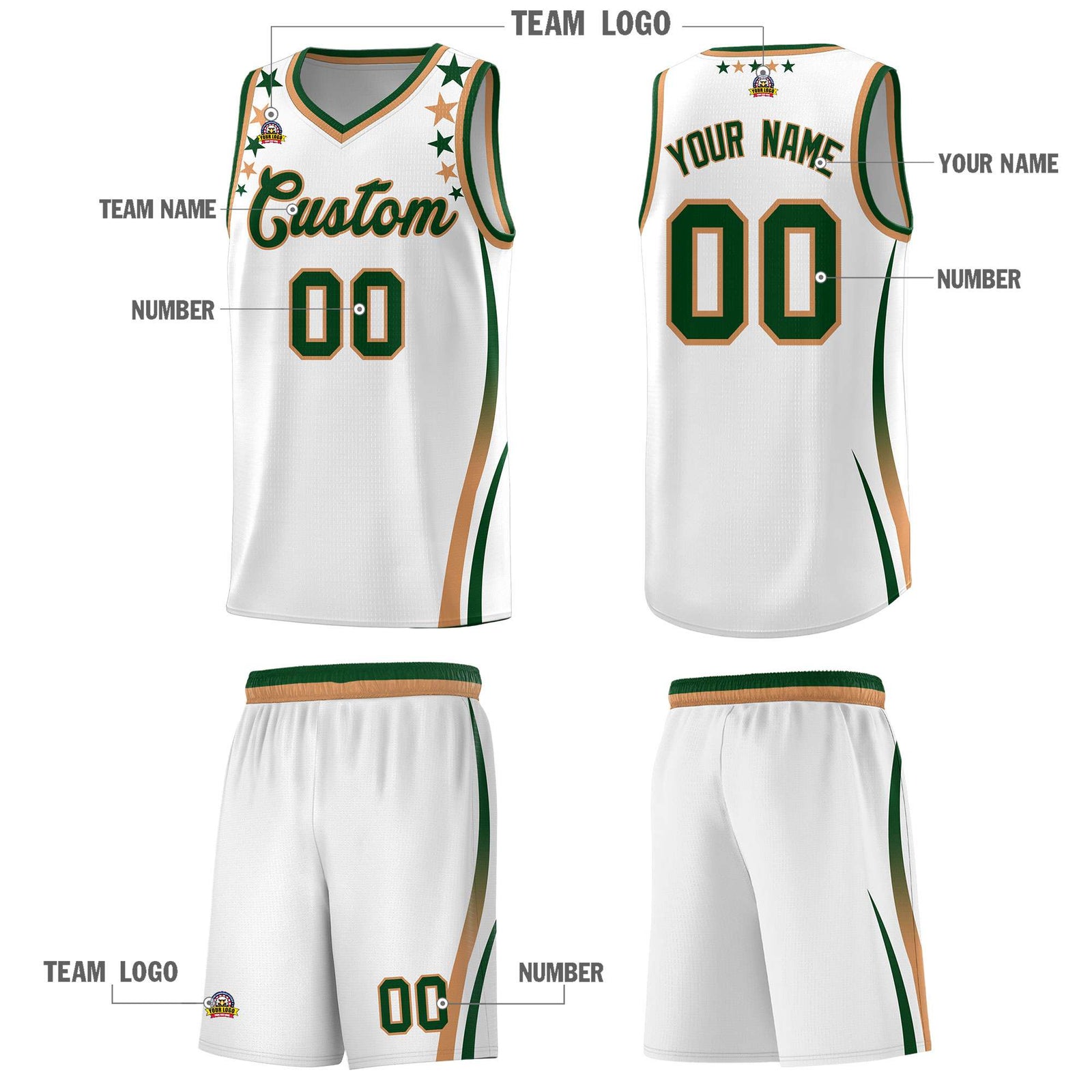 Custom White Shoulders Star Pattern Side Color Block Sports Uniform Basketball Kits