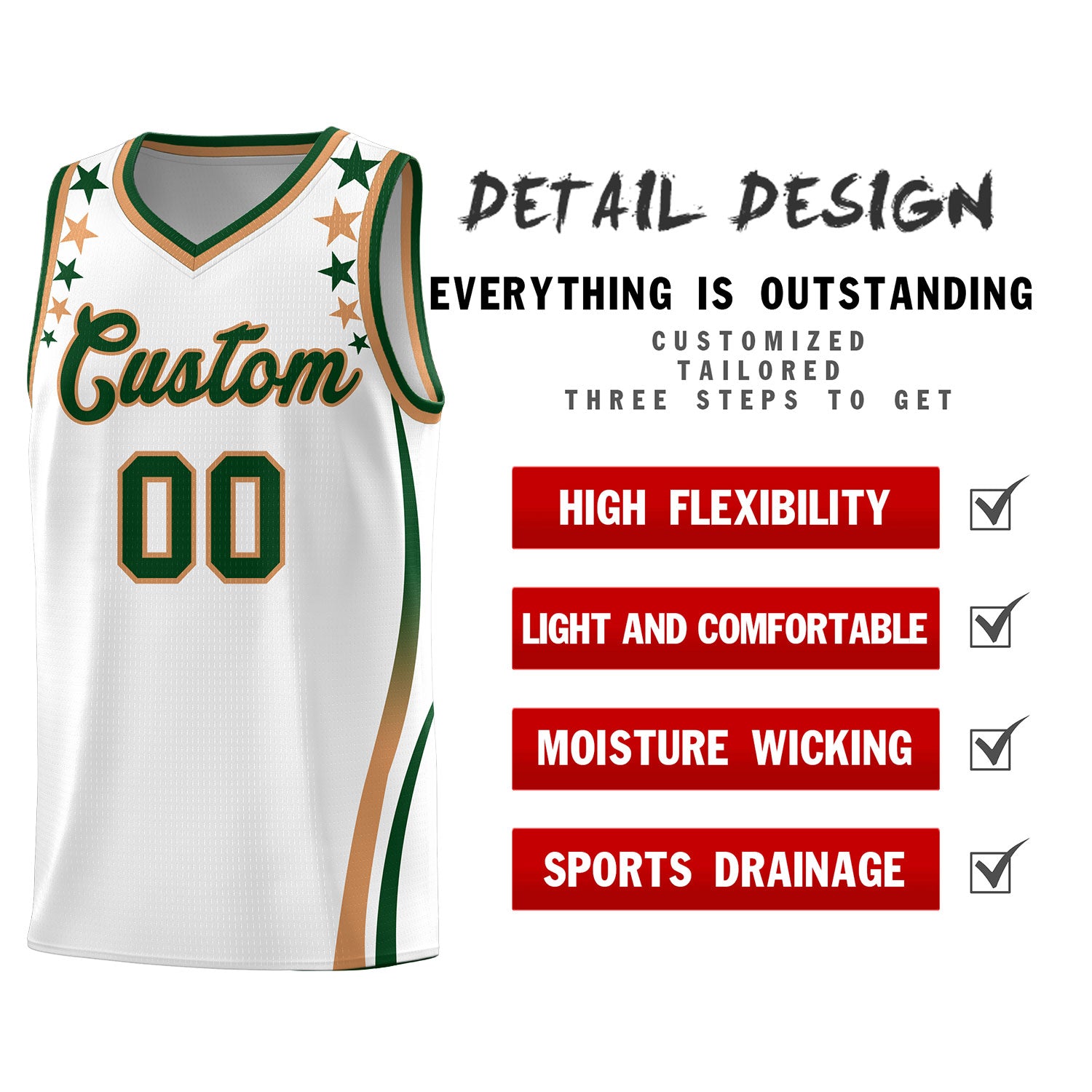Custom White Shoulders Star Pattern Side Color Block Sports Uniform Basketball Kits