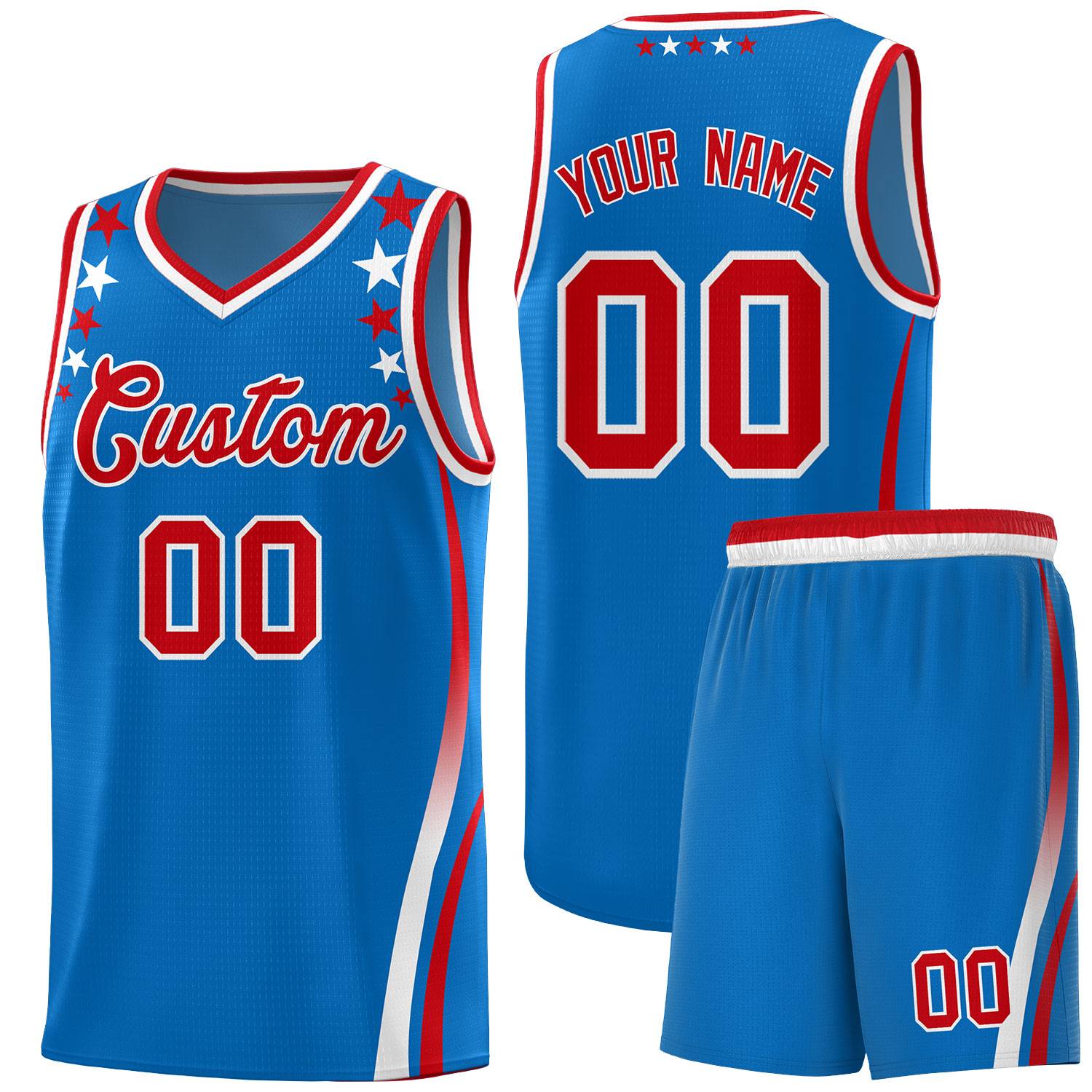 Custom Royal Shoulders Star Pattern Side Color Block Sports Uniform Basketball Kits