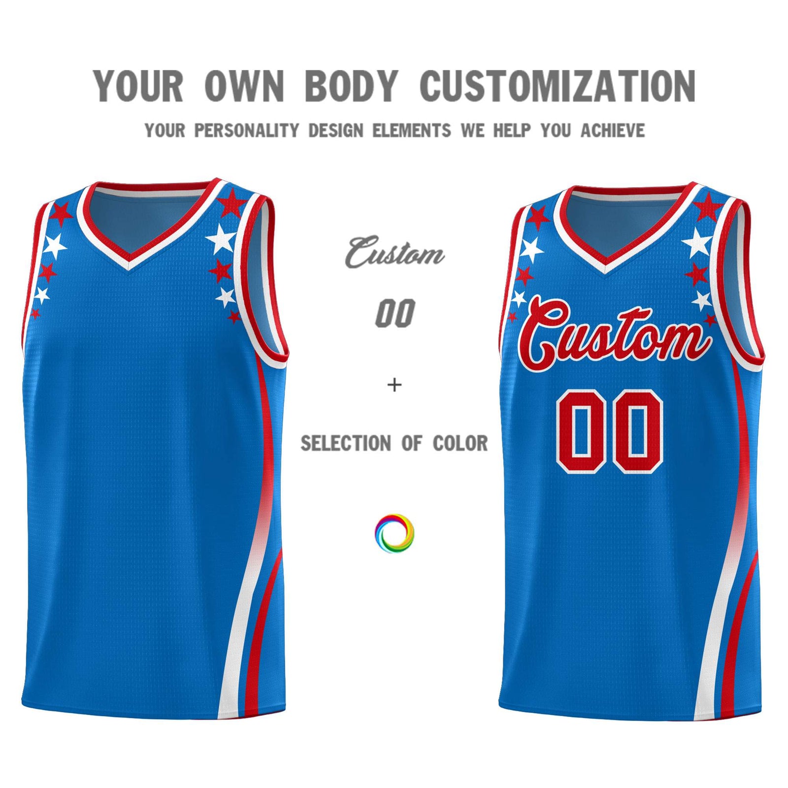 Custom Royal Shoulders Star Pattern Side Color Block Sports Uniform Basketball Kits