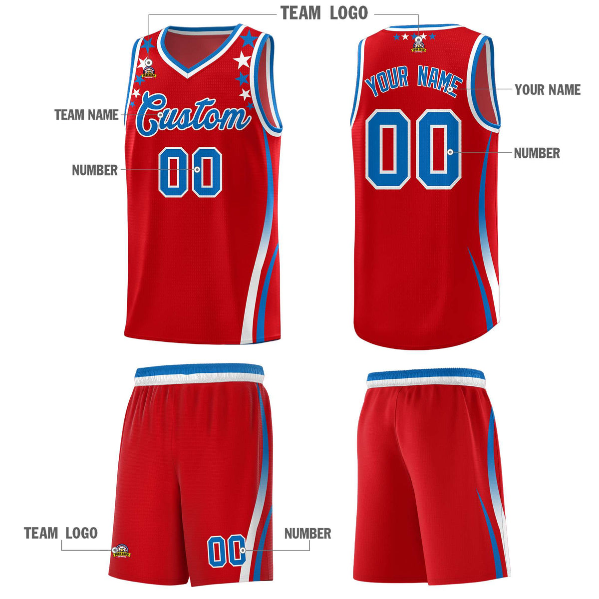 Custom Red Shoulders Star Pattern Side Color Block Sports Uniform Basketball Kits