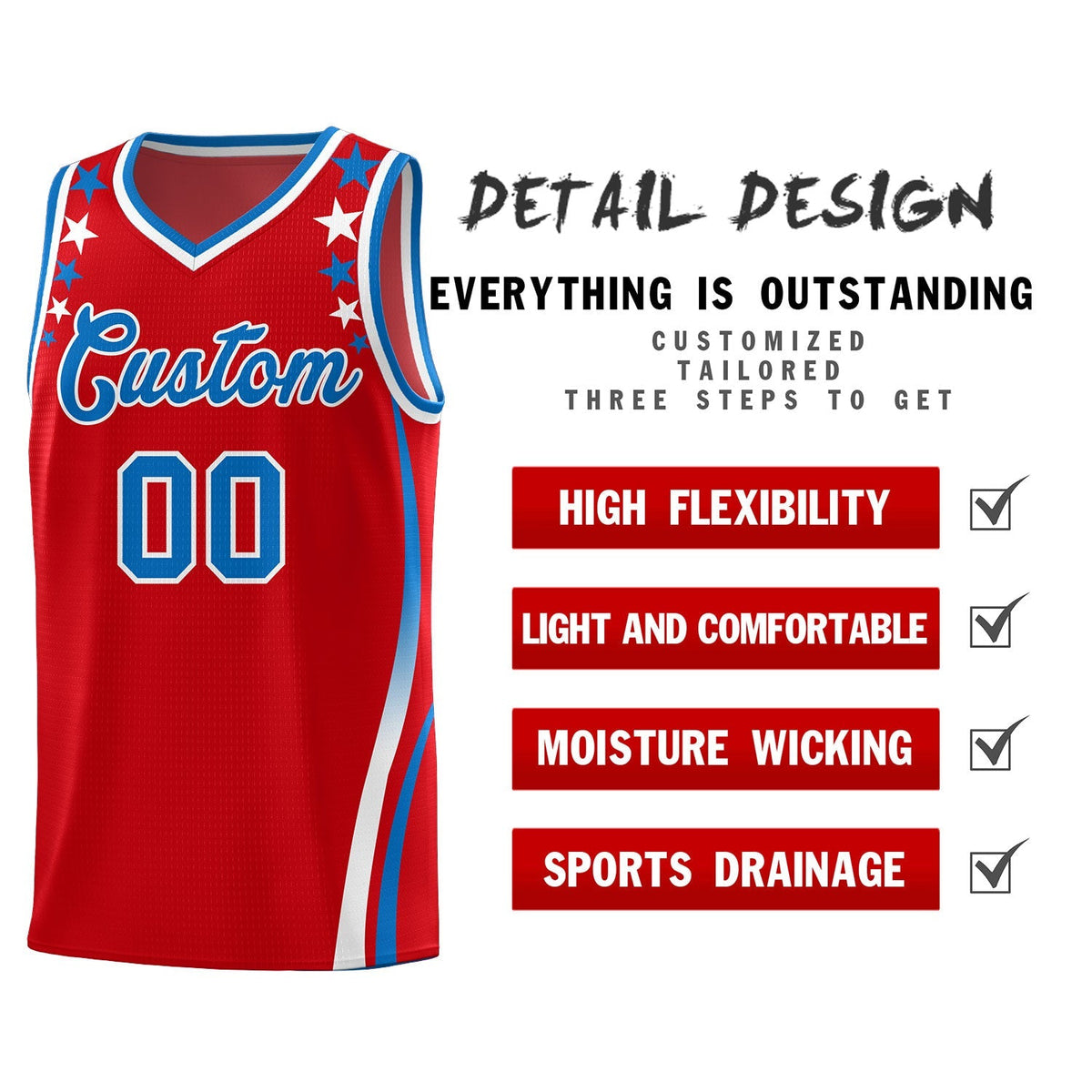 Custom Red Shoulders Star Pattern Side Color Block Sports Uniform Basketball Kits