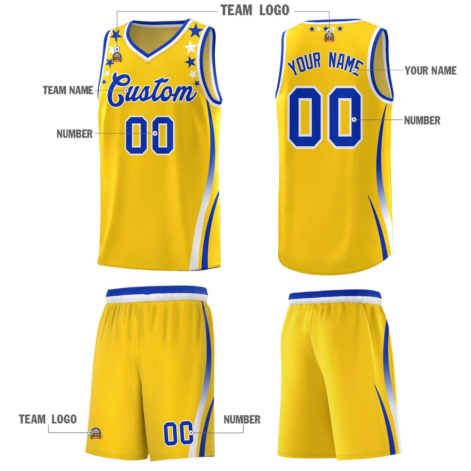 Custom Gold Shoulders Star Pattern Side Color Block Sports Uniform Basketball Kits
