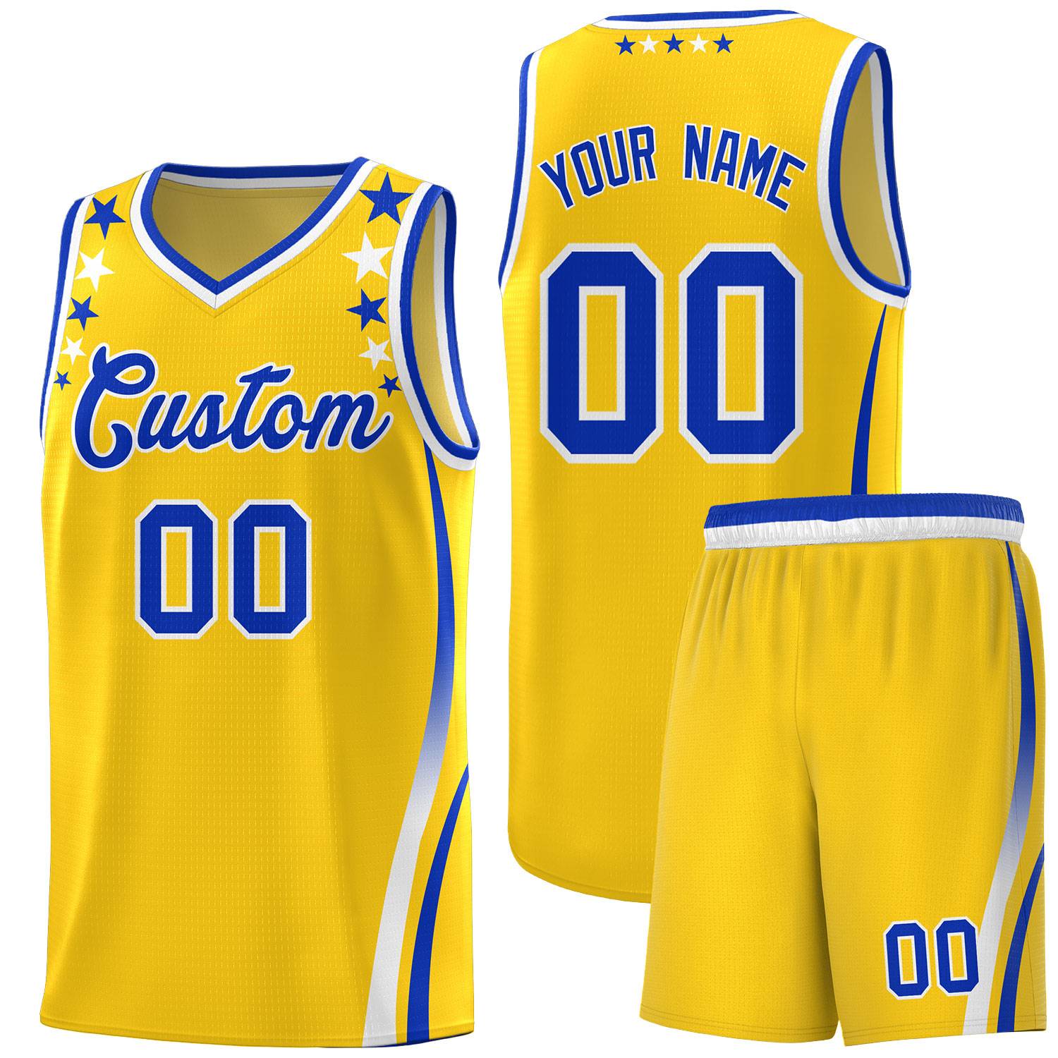 Custom Gold Shoulders Star Pattern Side Color Block Sports Uniform Basketball Kits