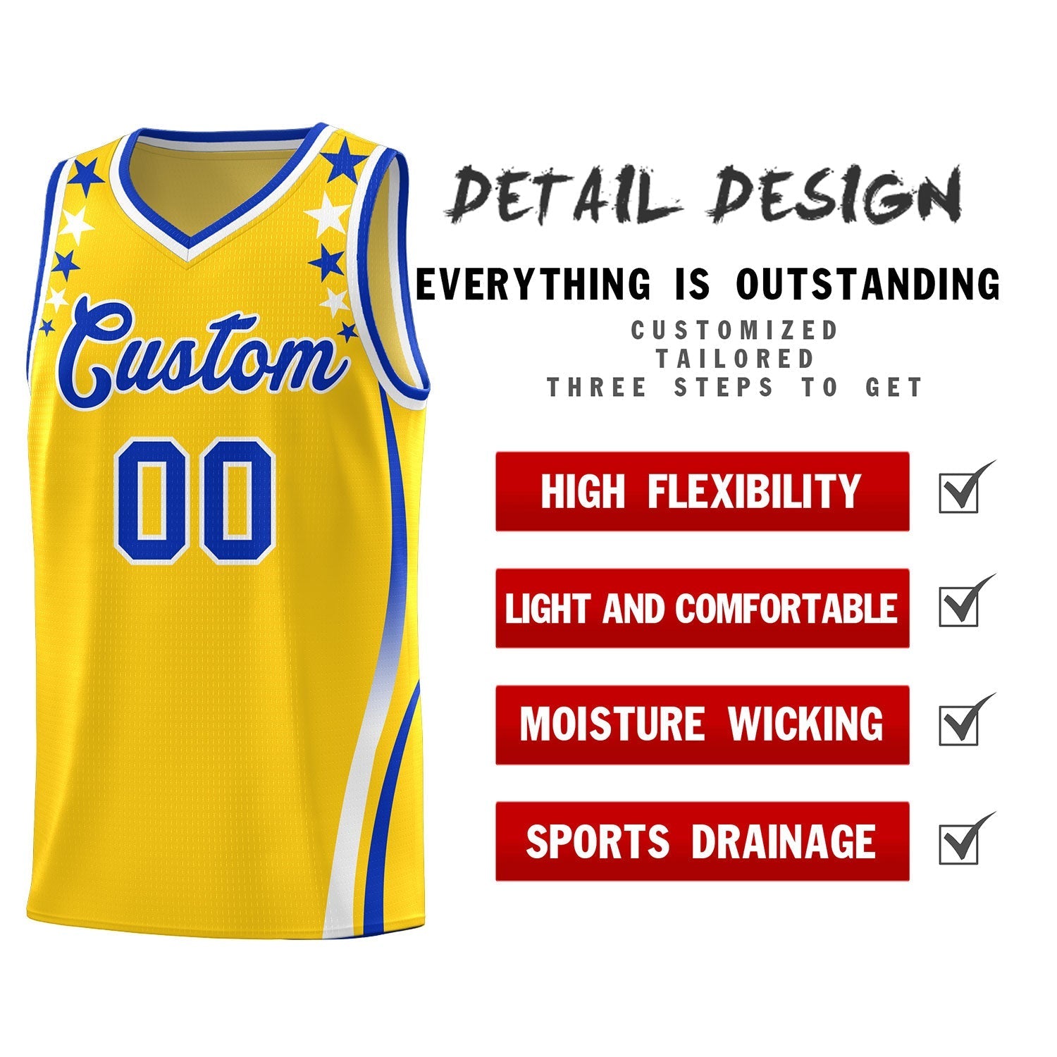 Custom Gold Shoulders Star Pattern Side Color Block Sports Uniform Basketball Kits