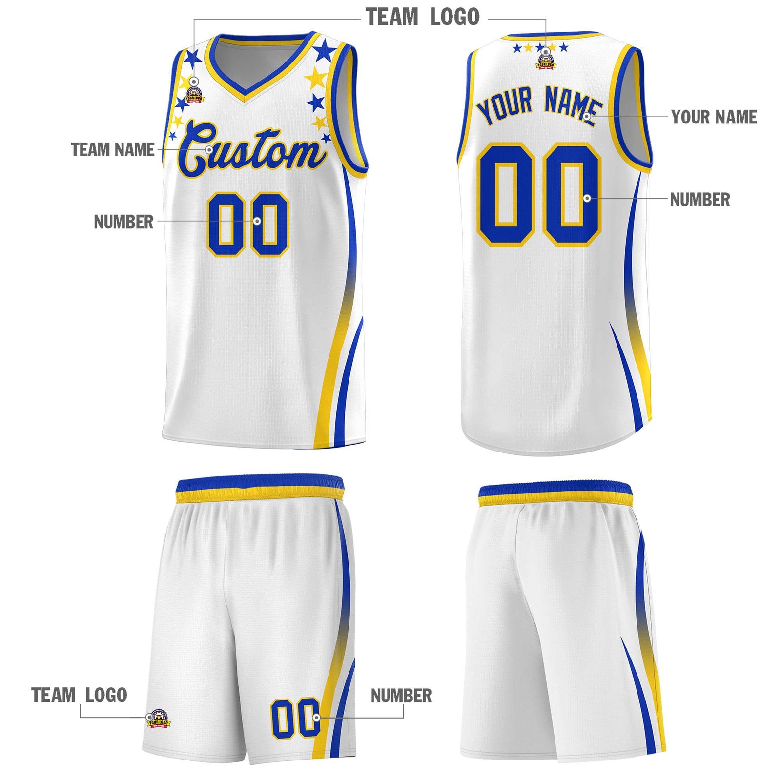 Custom White Shoulders Star Pattern Side Color Block Sports Uniform Basketball Kits