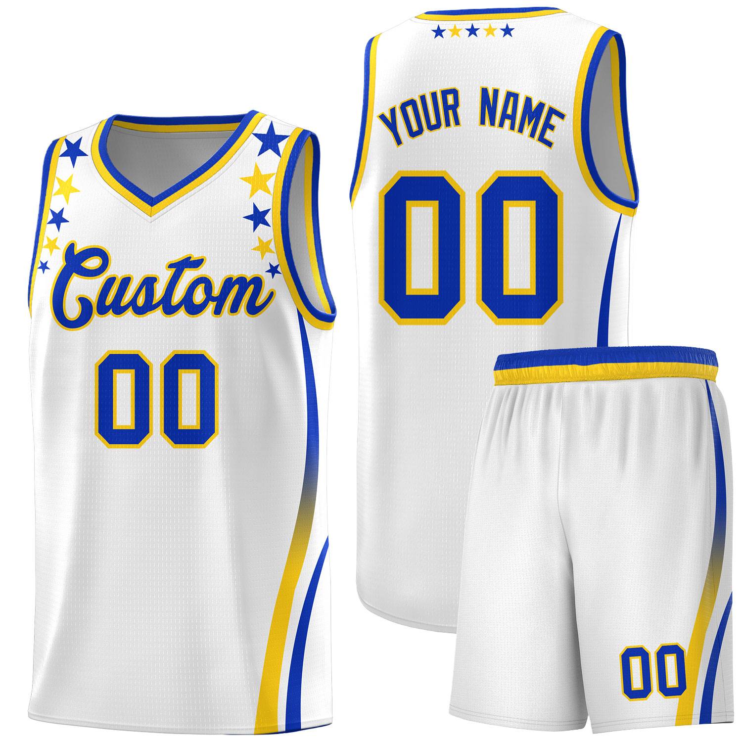 Custom White Shoulders Star Pattern Side Color Block Sports Uniform Basketball Kits