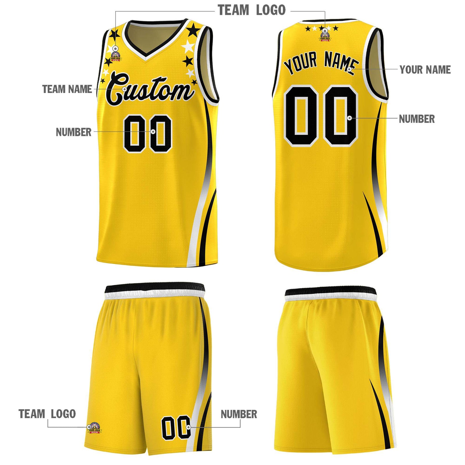 Custom Gold Shoulders Star Pattern Side Color Block Sports Uniform Basketball Kits