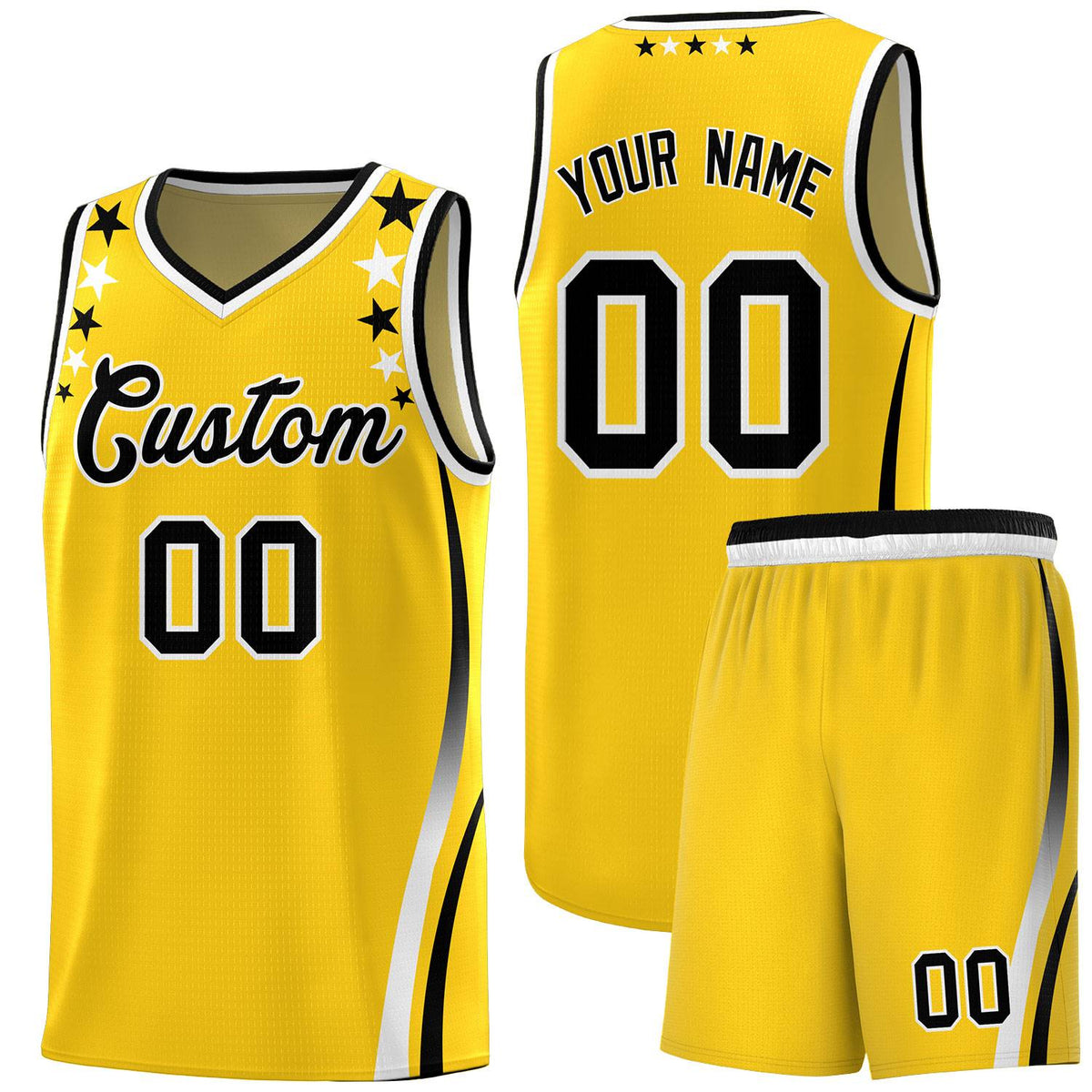Custom Gold Shoulders Star Pattern Side Color Block Sports Uniform Basketball Kits