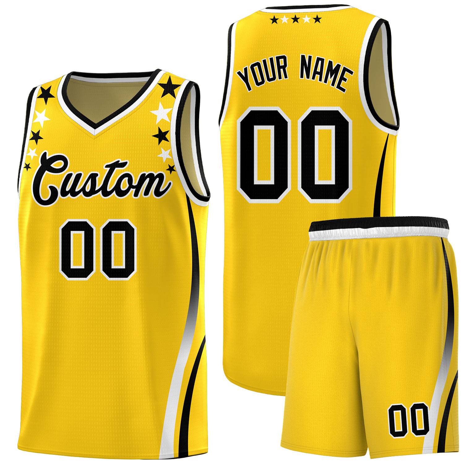 Custom Gold Shoulders Star Pattern Side Color Block Sports Uniform Basketball Kits