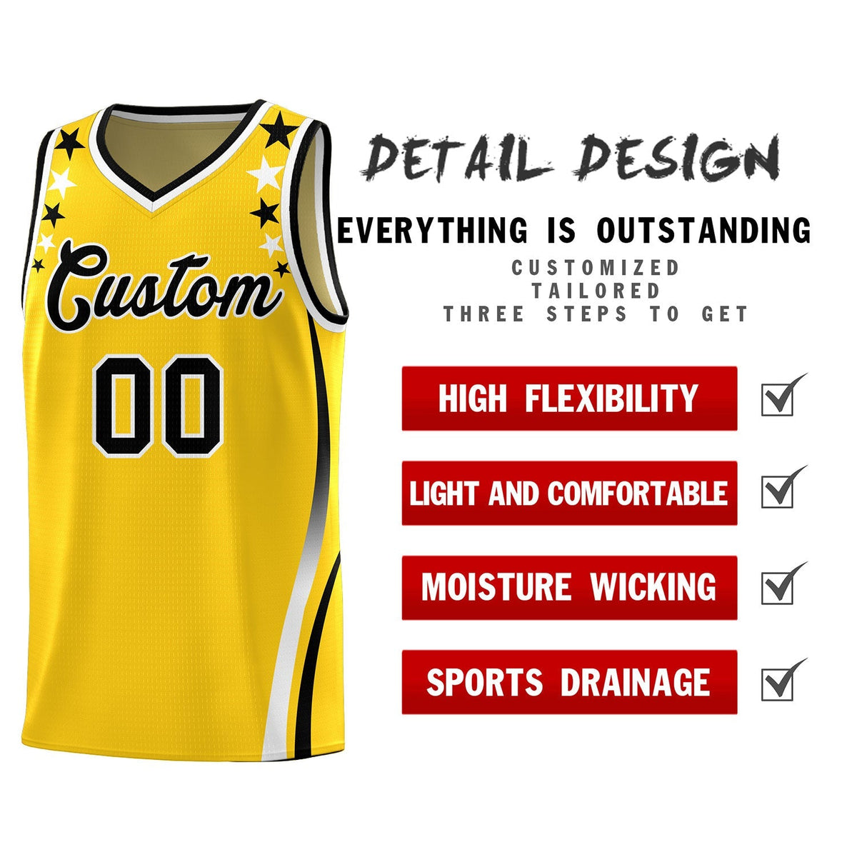 Custom Gold Shoulders Star Pattern Side Color Block Sports Uniform Basketball Kits