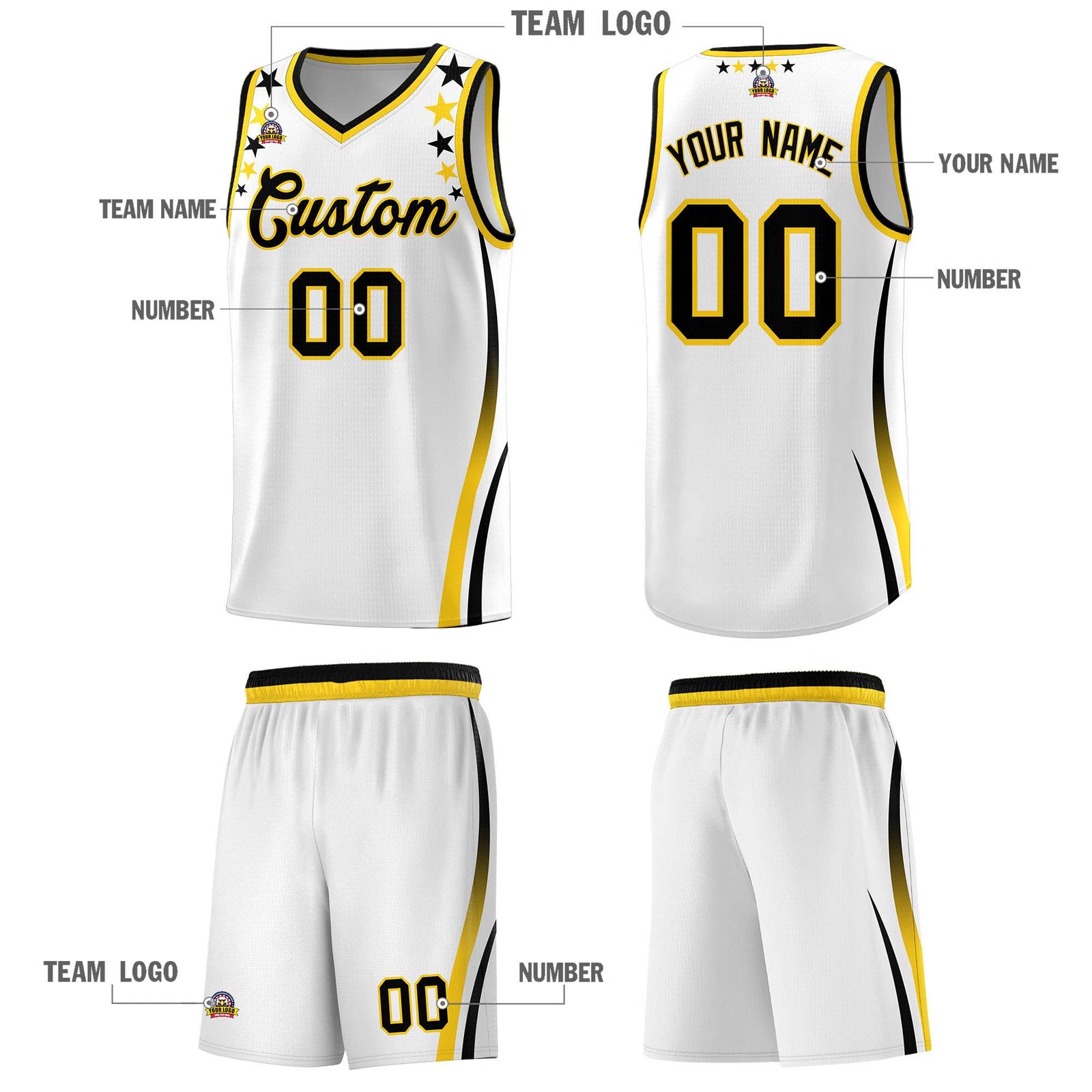 Custom White Shoulders Star Pattern Side Color Block Sports Uniform Basketball Kits